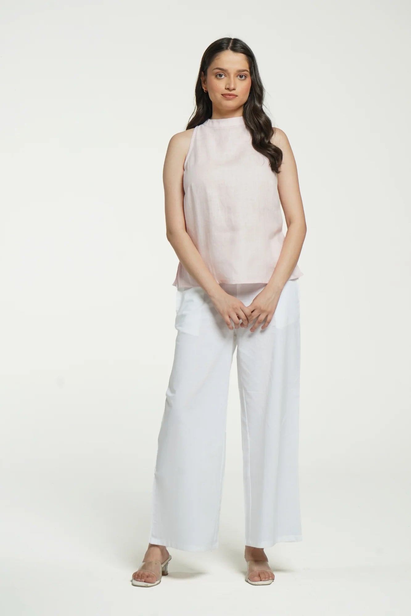 Women Blush Pink Pure Linen Halter Neck Top