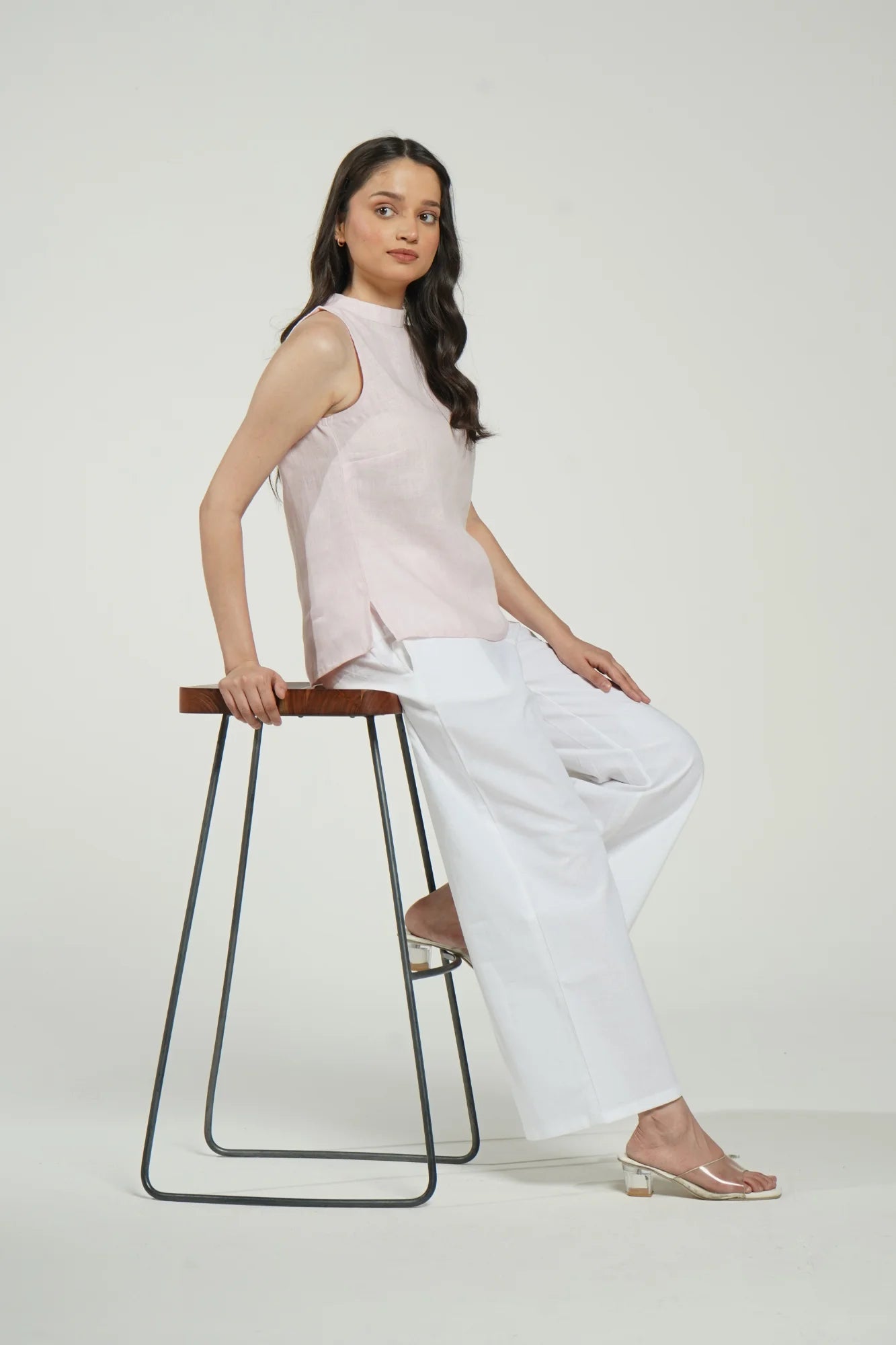 Women Blush Pink Pure Linen Halter Neck Top