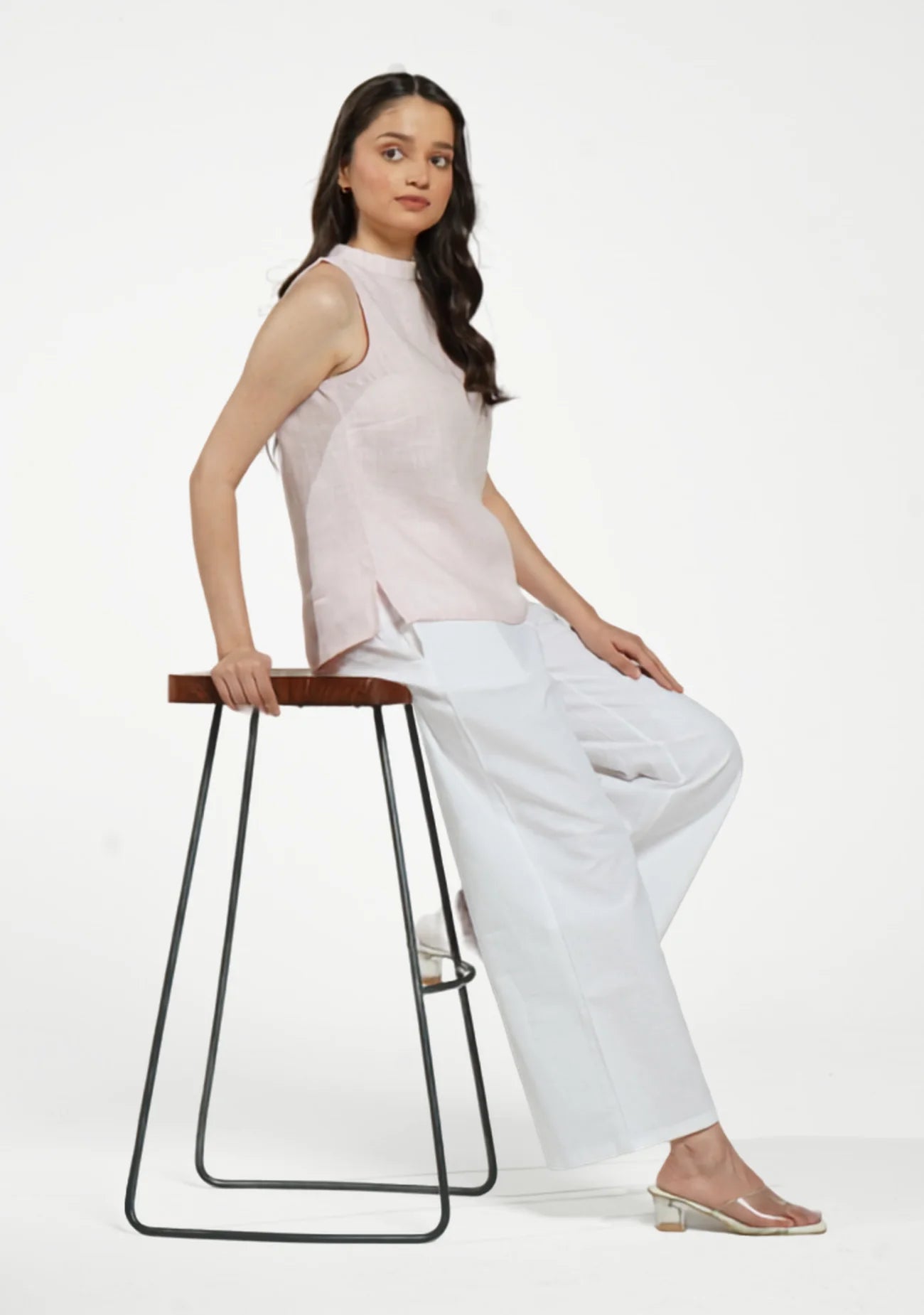 Women Blush Pink Pure Linen Halter Neck Top