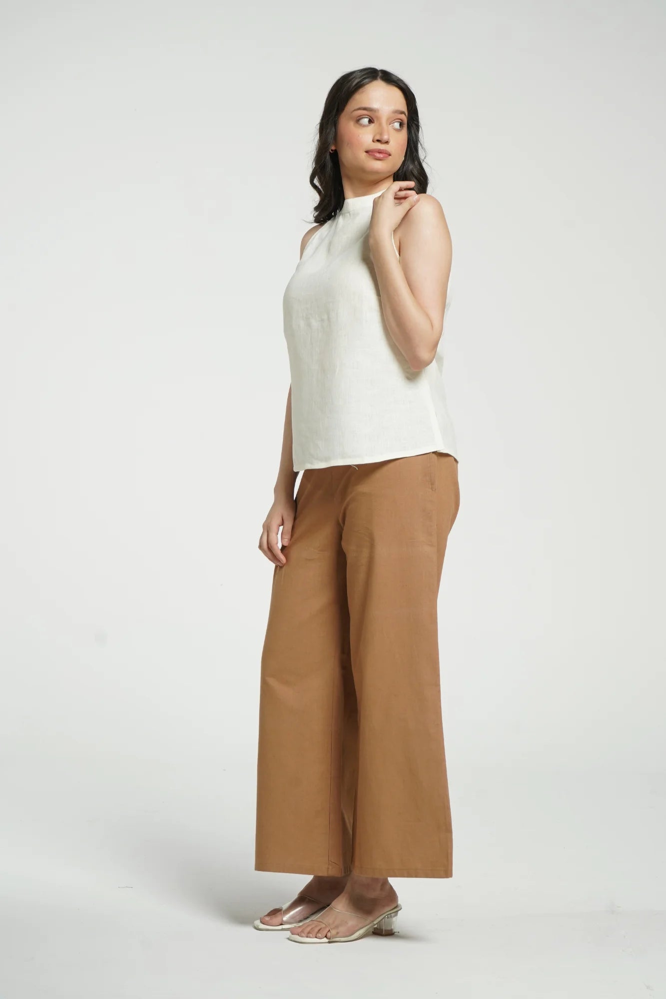 Women Cream Pure Linen Halter Neck Top