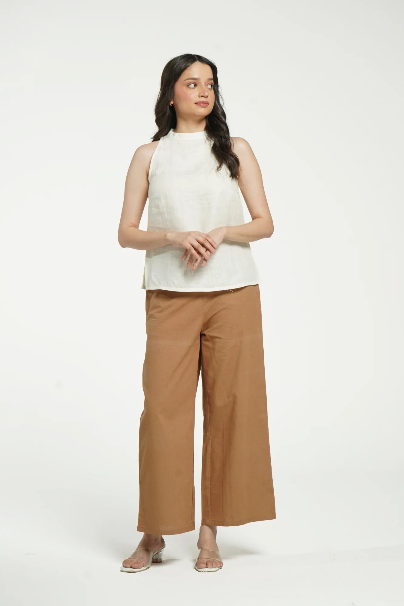 Women Cream Pure Linen Halter Neck Top