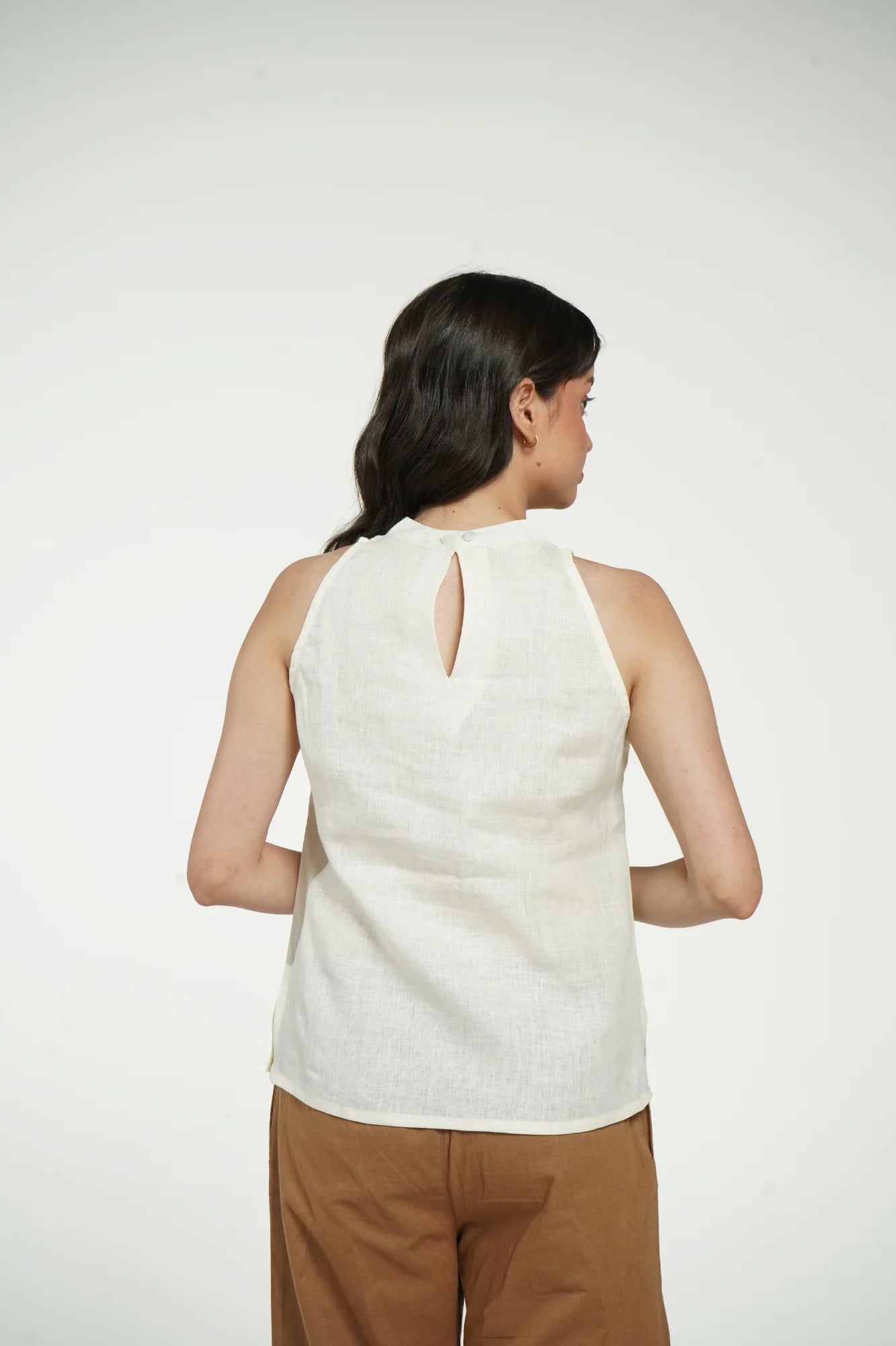 Women Cream Pure Linen Halter Neck Top