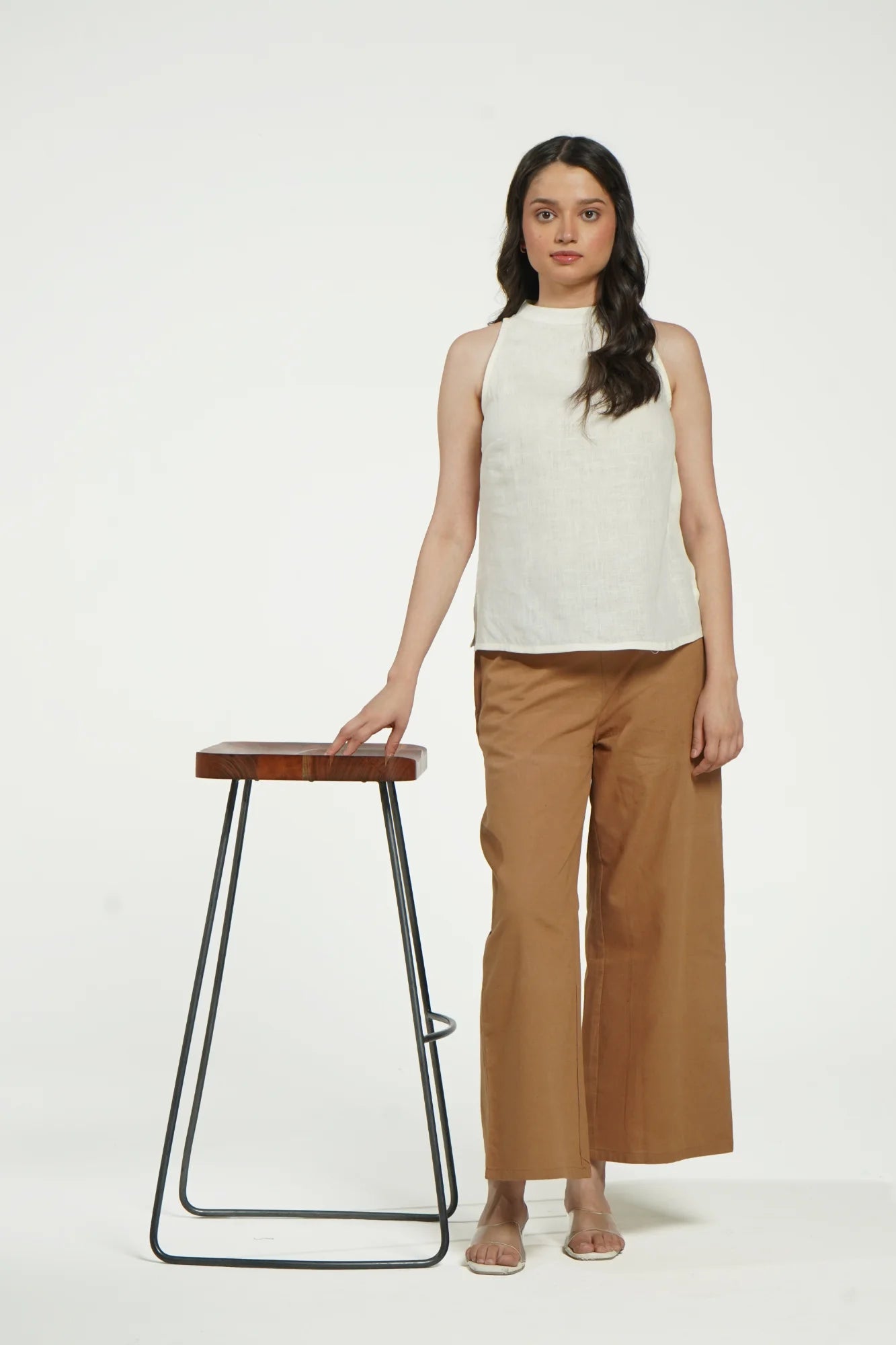 Women Cream Pure Linen Halter Neck Top