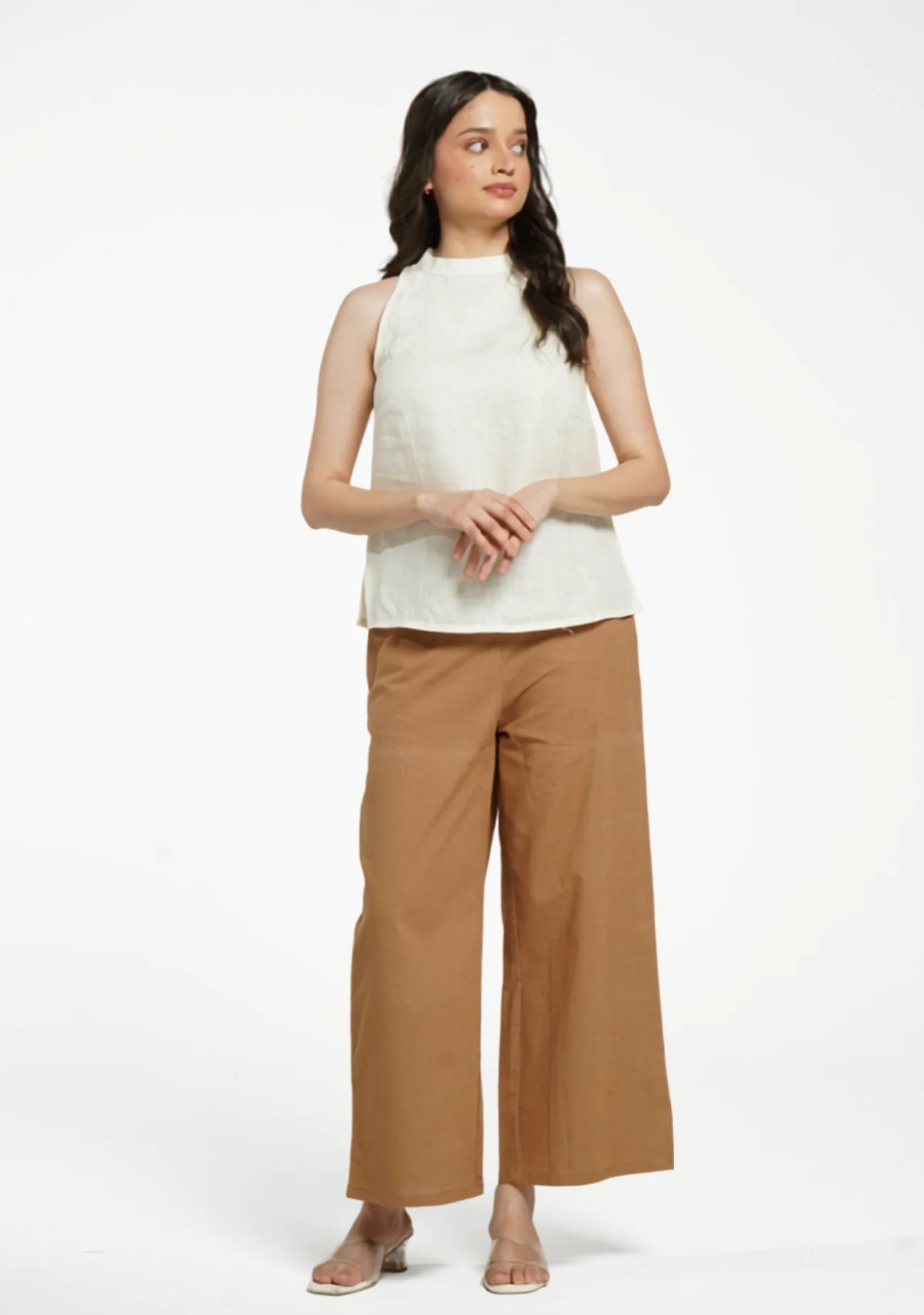 Women Cream Pure Linen Halter Neck Top