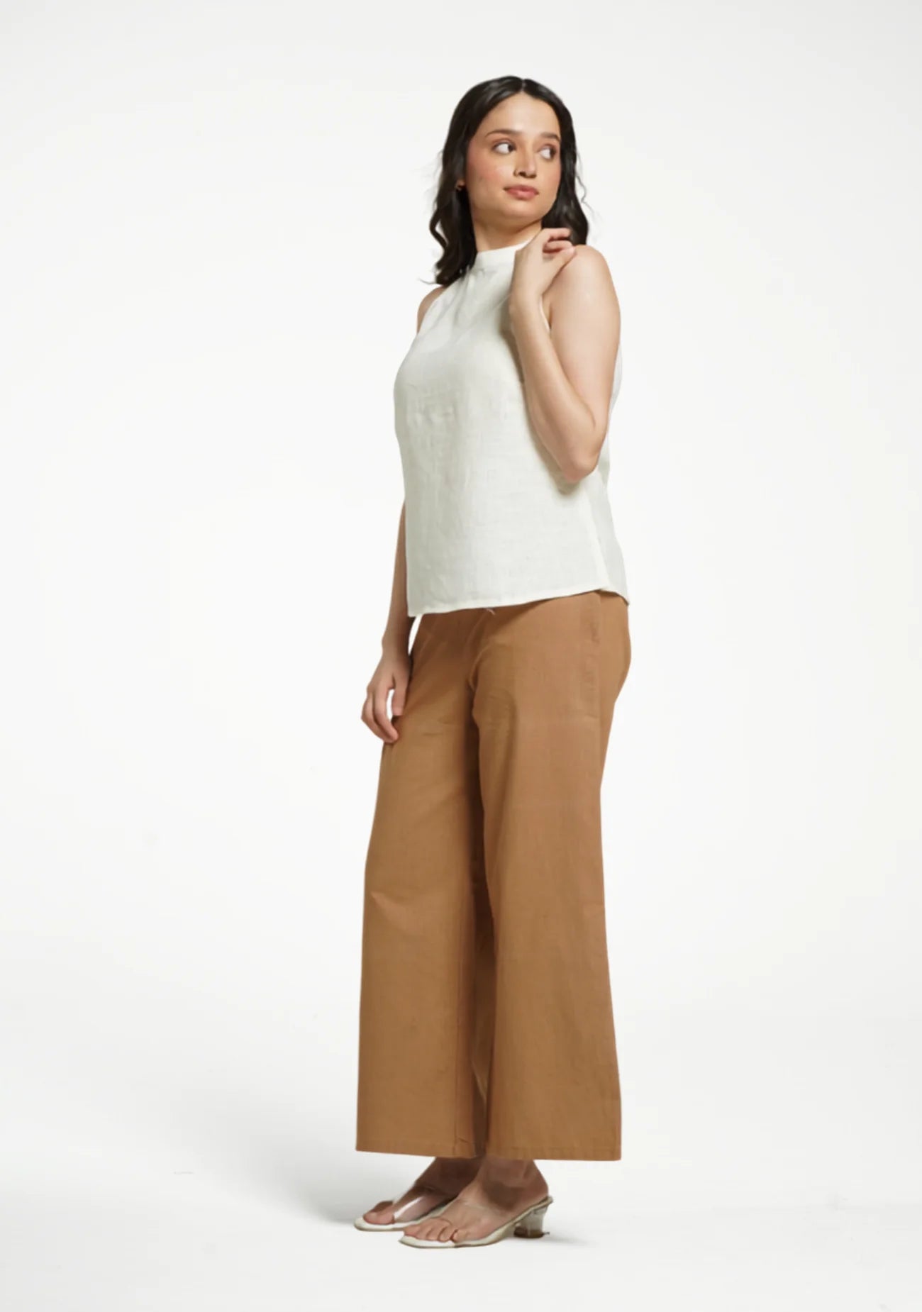 Women Cream Pure Linen Halter Neck Top