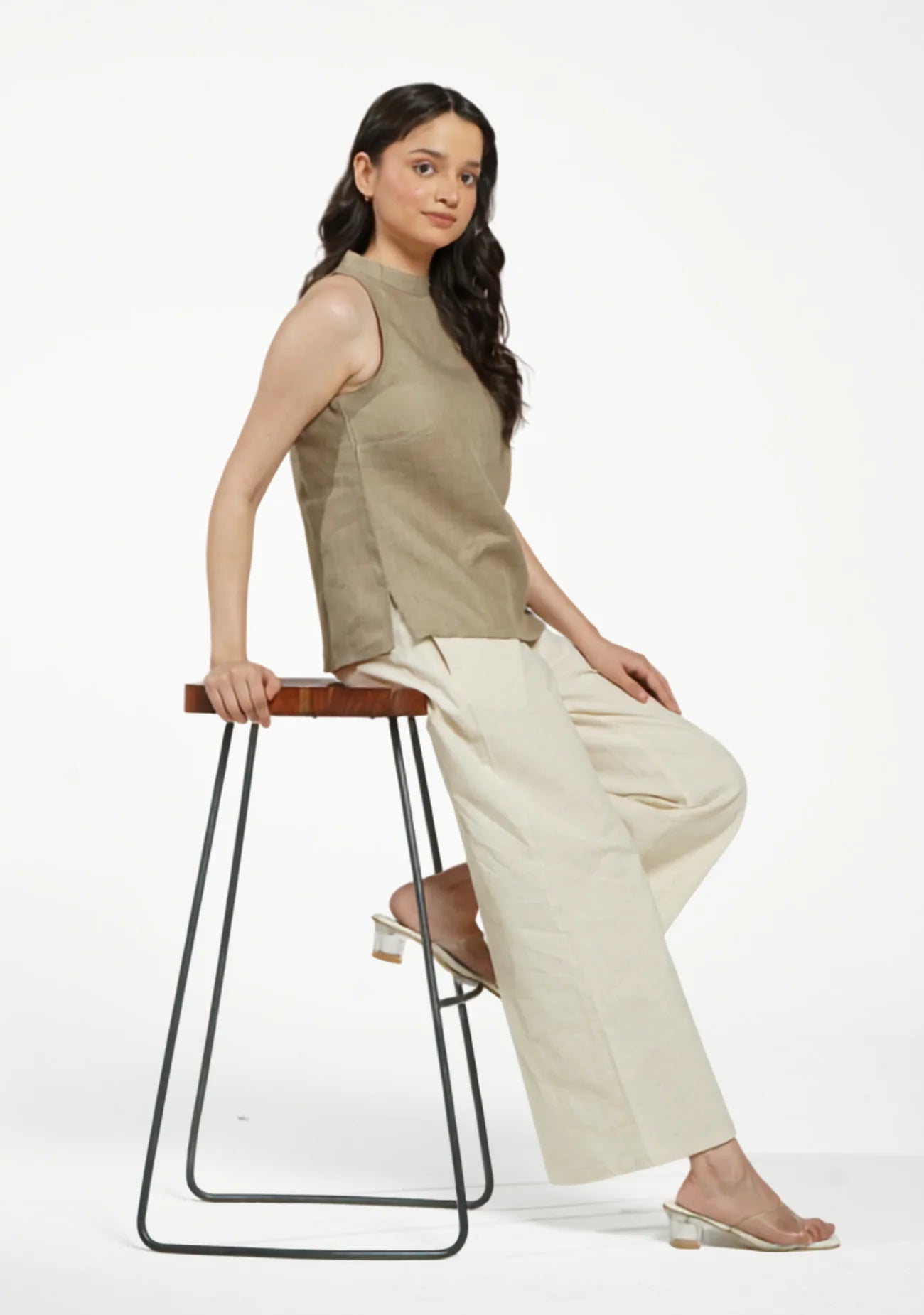 Women Khakhi Pure Linen Halter Neck Top