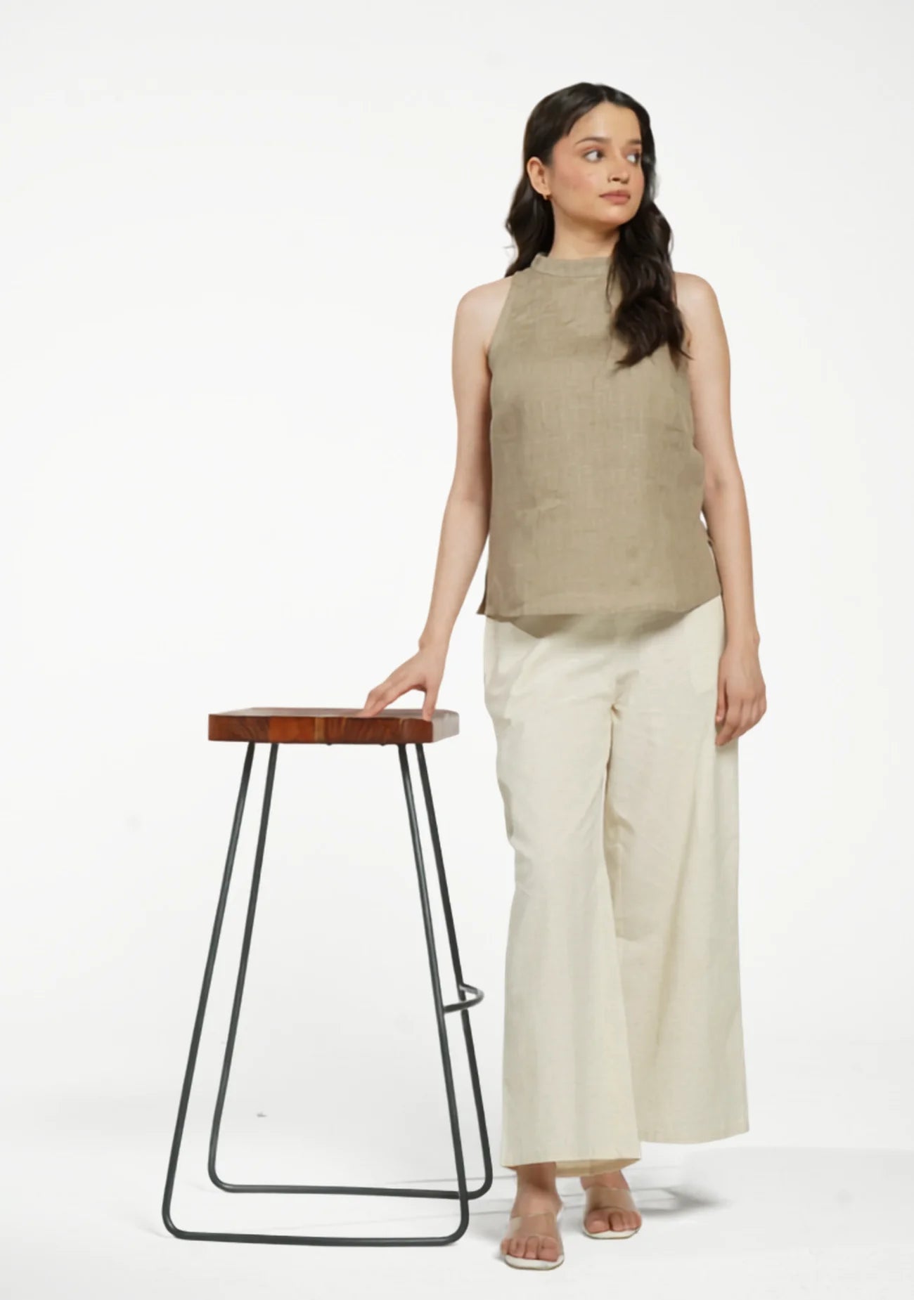 Women Khakhi Pure Linen Halter Neck Top