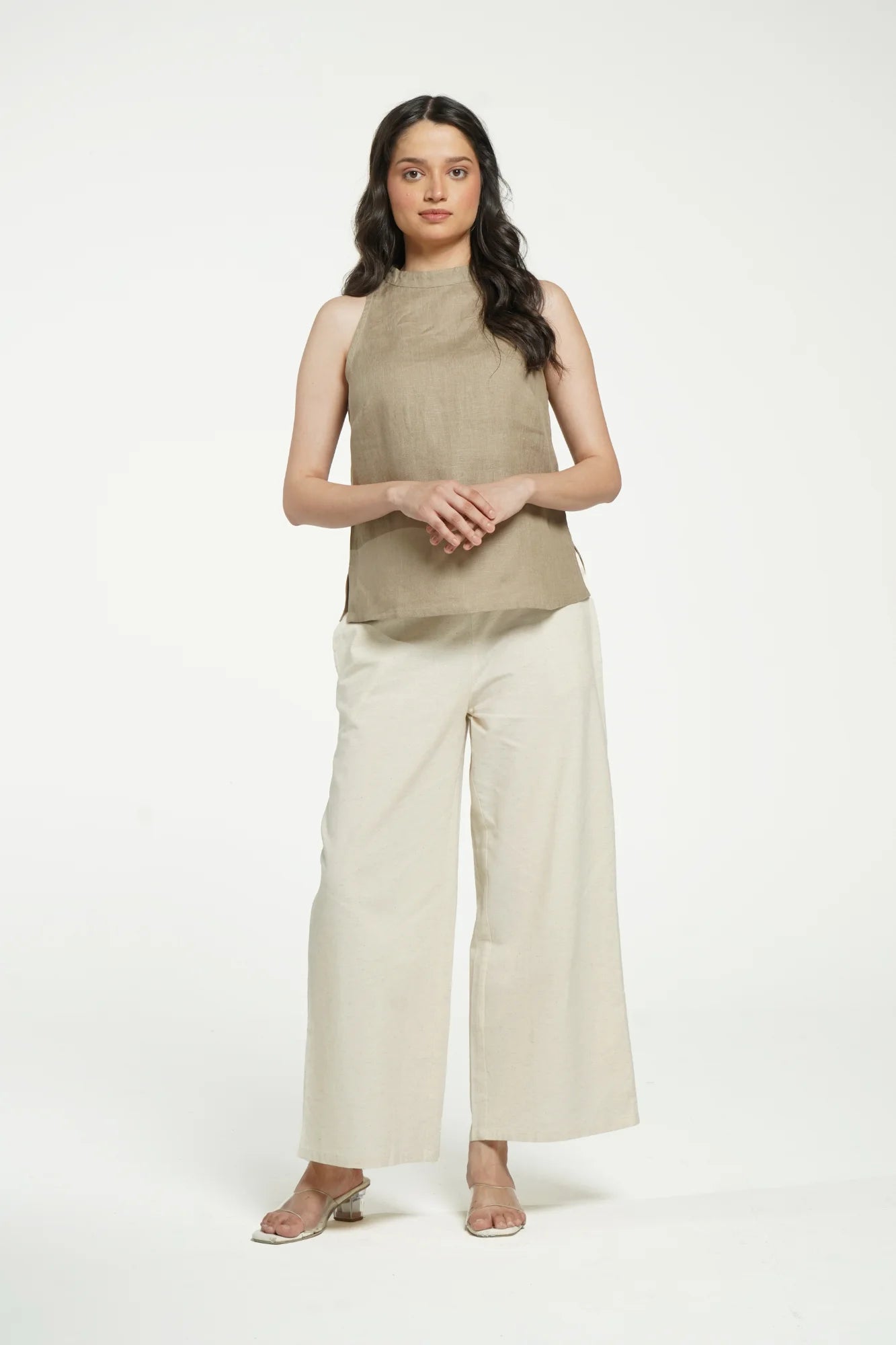 Women Khakhi Pure Linen Halter Neck Top