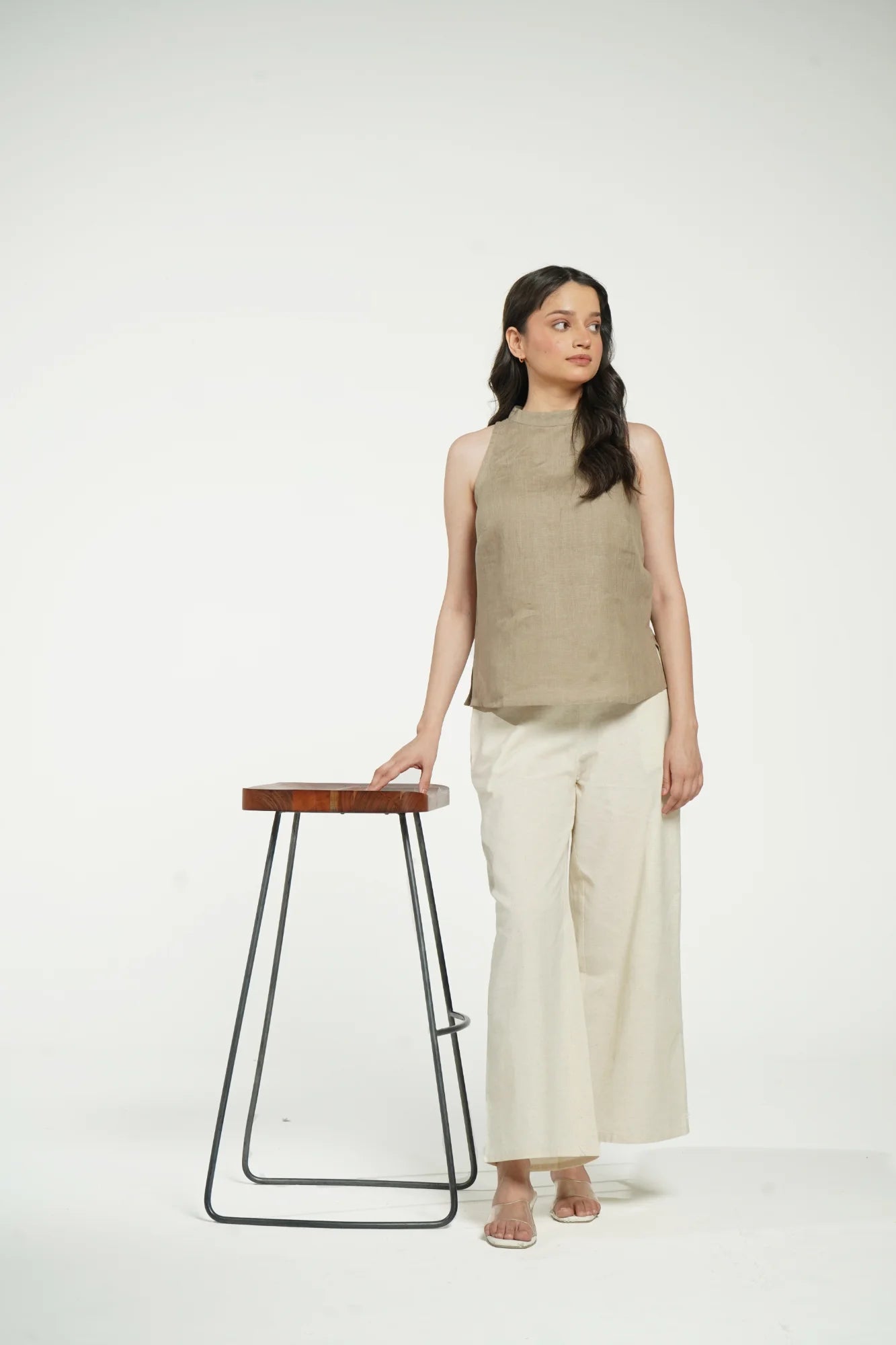 Women Khakhi Pure Linen Halter Neck Top