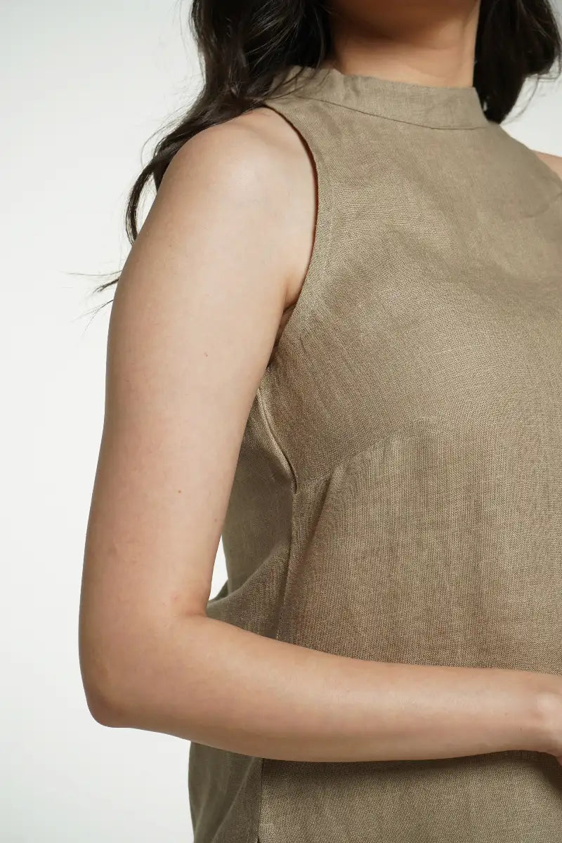 Women Khakhi Pure Linen Halter Neck Top