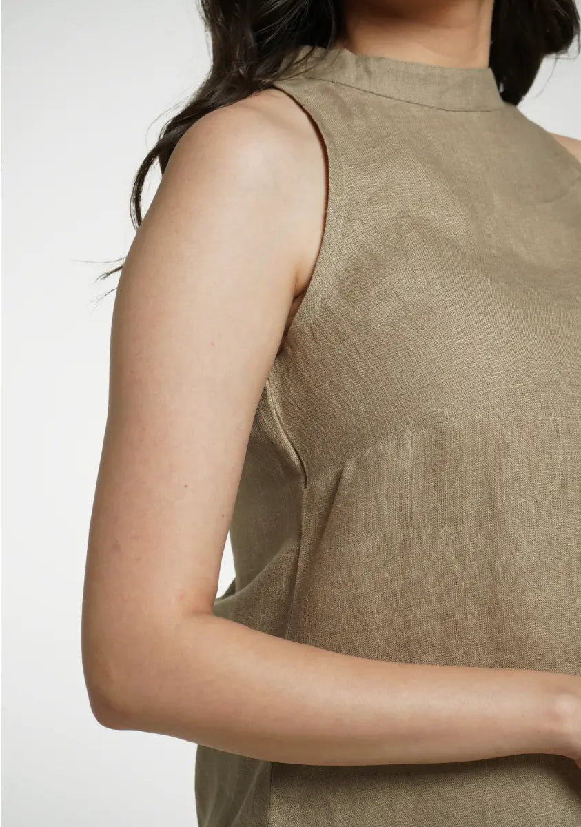 Women Khakhi Pure Linen Halter Neck Top