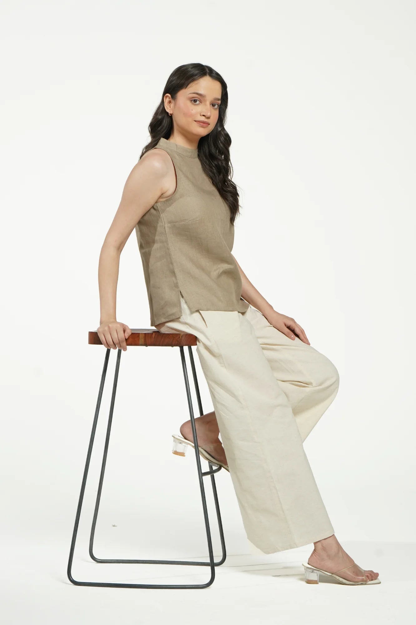 Women Khakhi Pure Linen Halter Neck Top