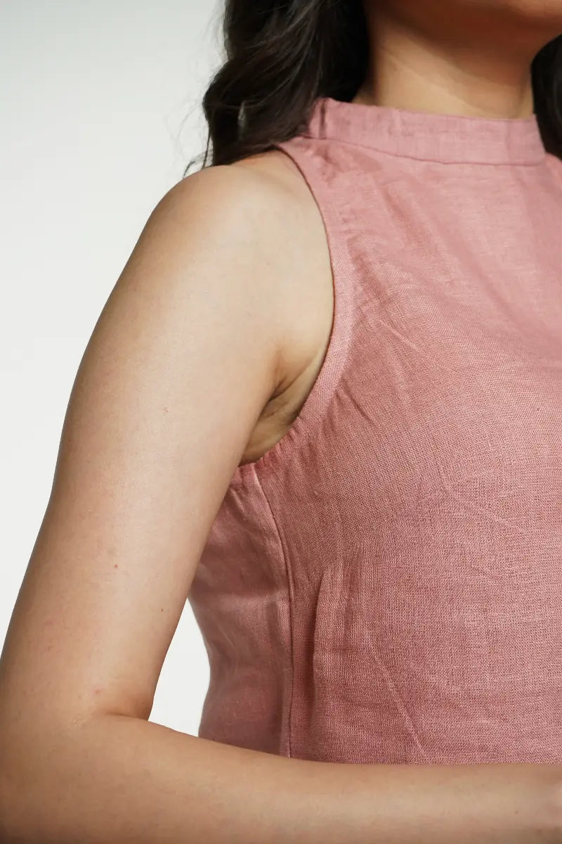 Women Rose Taupe Pure Linen Halter Neck Top