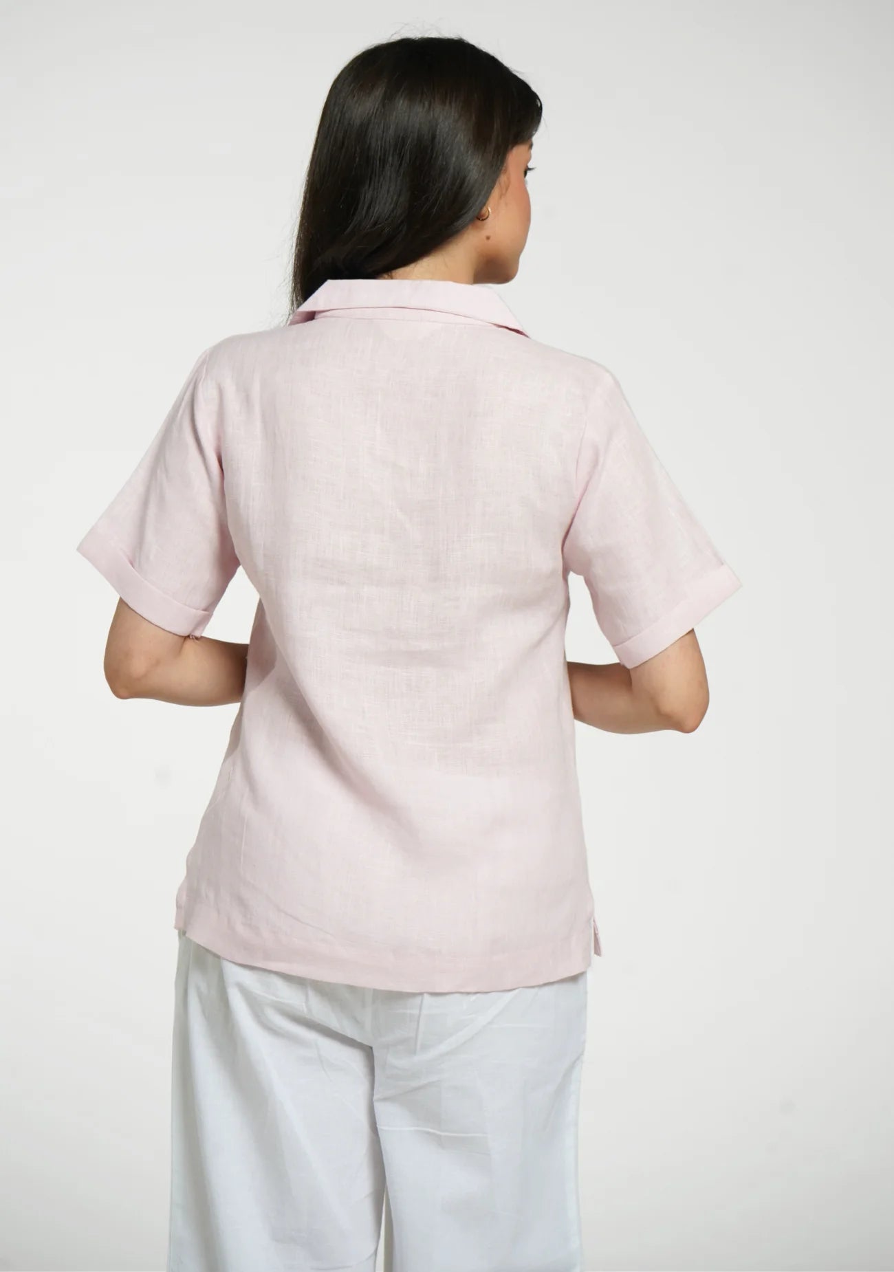 Women Blush Pink Pure Linen Notch Collar Shirt