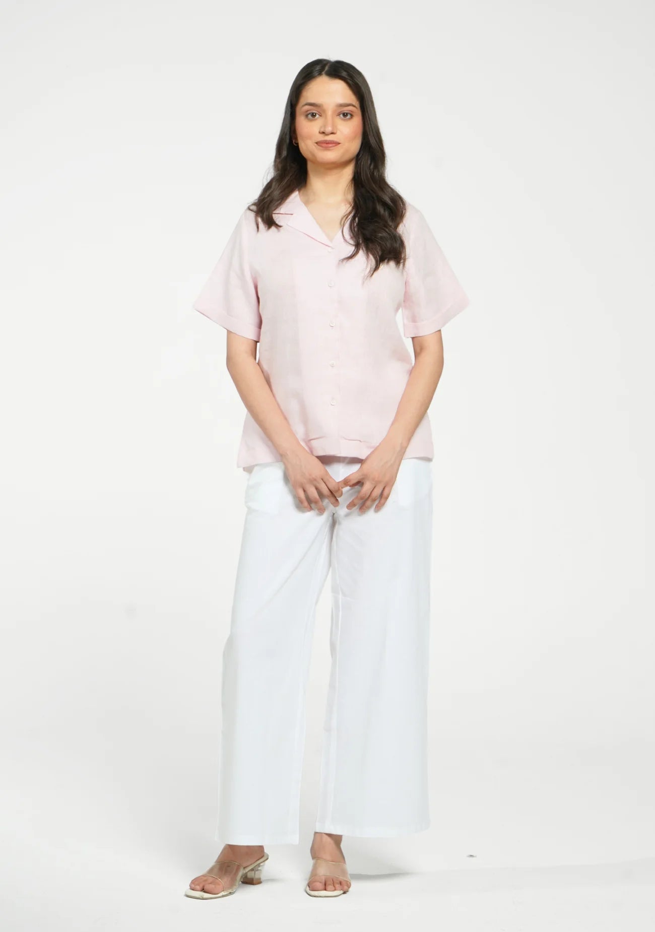 Women Blush Pink Pure Linen Notch Collar Shirt