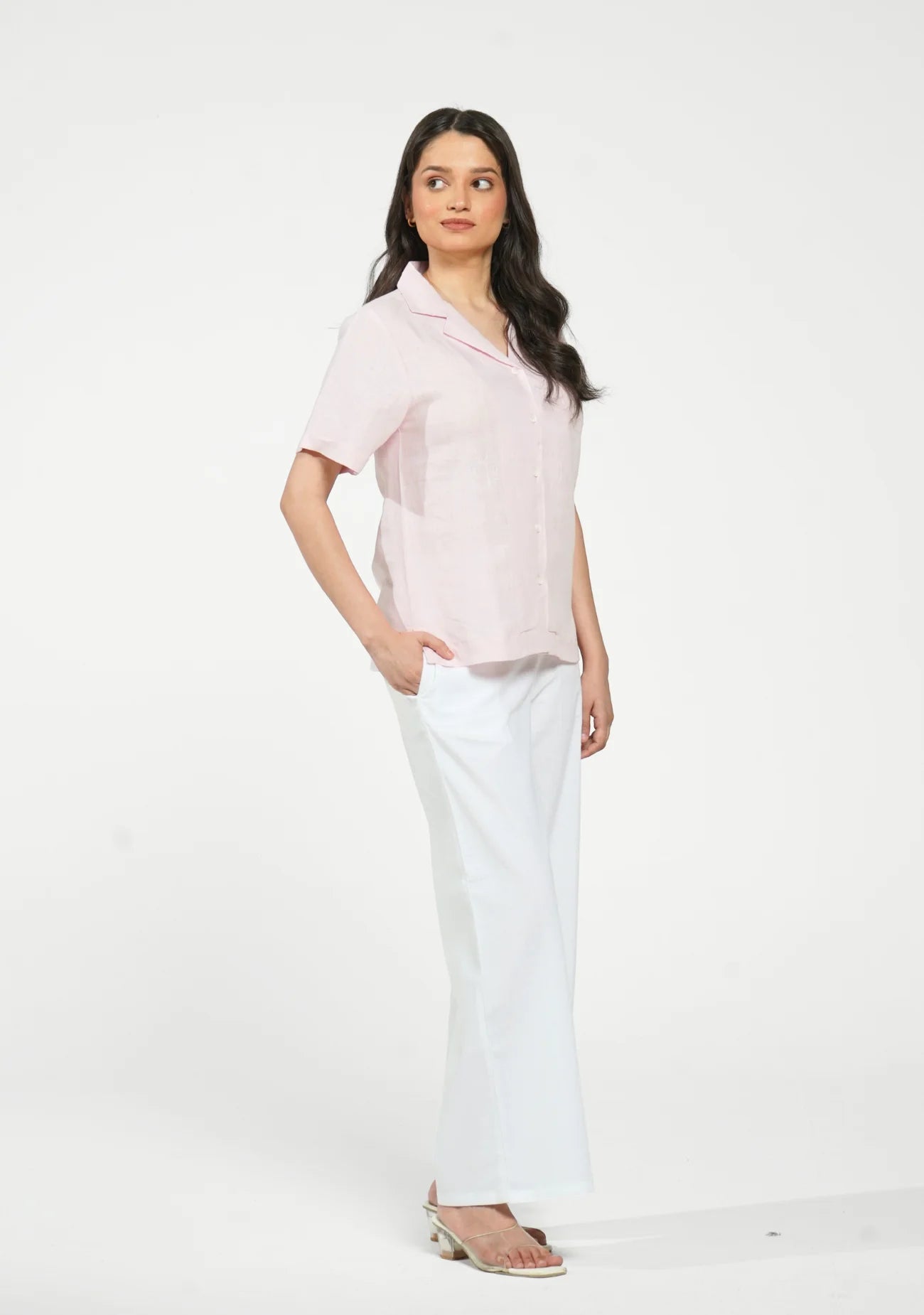 Women Blush Pink Pure Linen Notch Collar Shirt