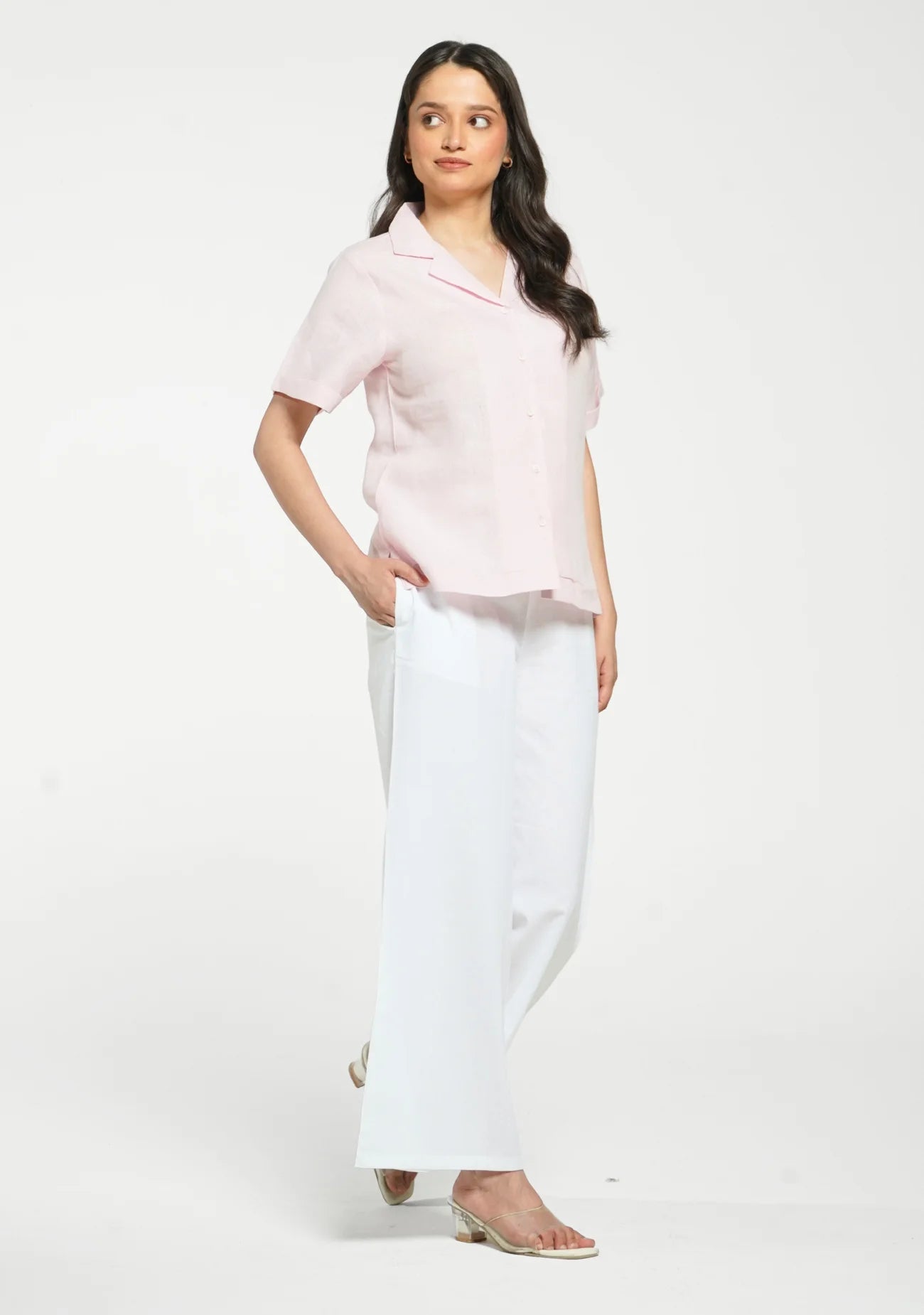 Women Blush Pink Pure Linen Notch Collar Shirt