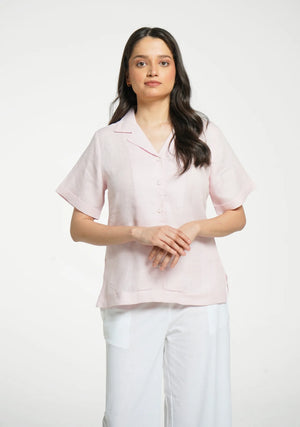 Women Blush Pink Pure Linen Notch Collar Shirt