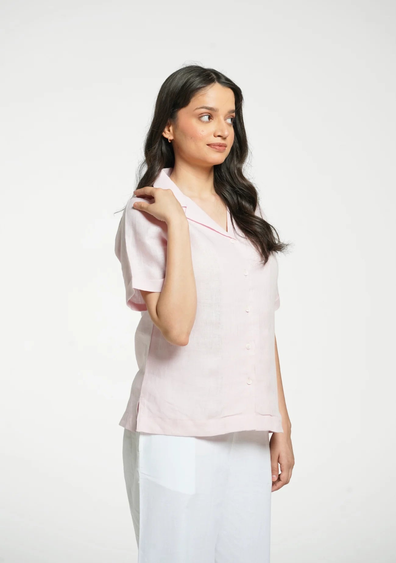 Women Blush Pink Pure Linen Notch Collar Shirt