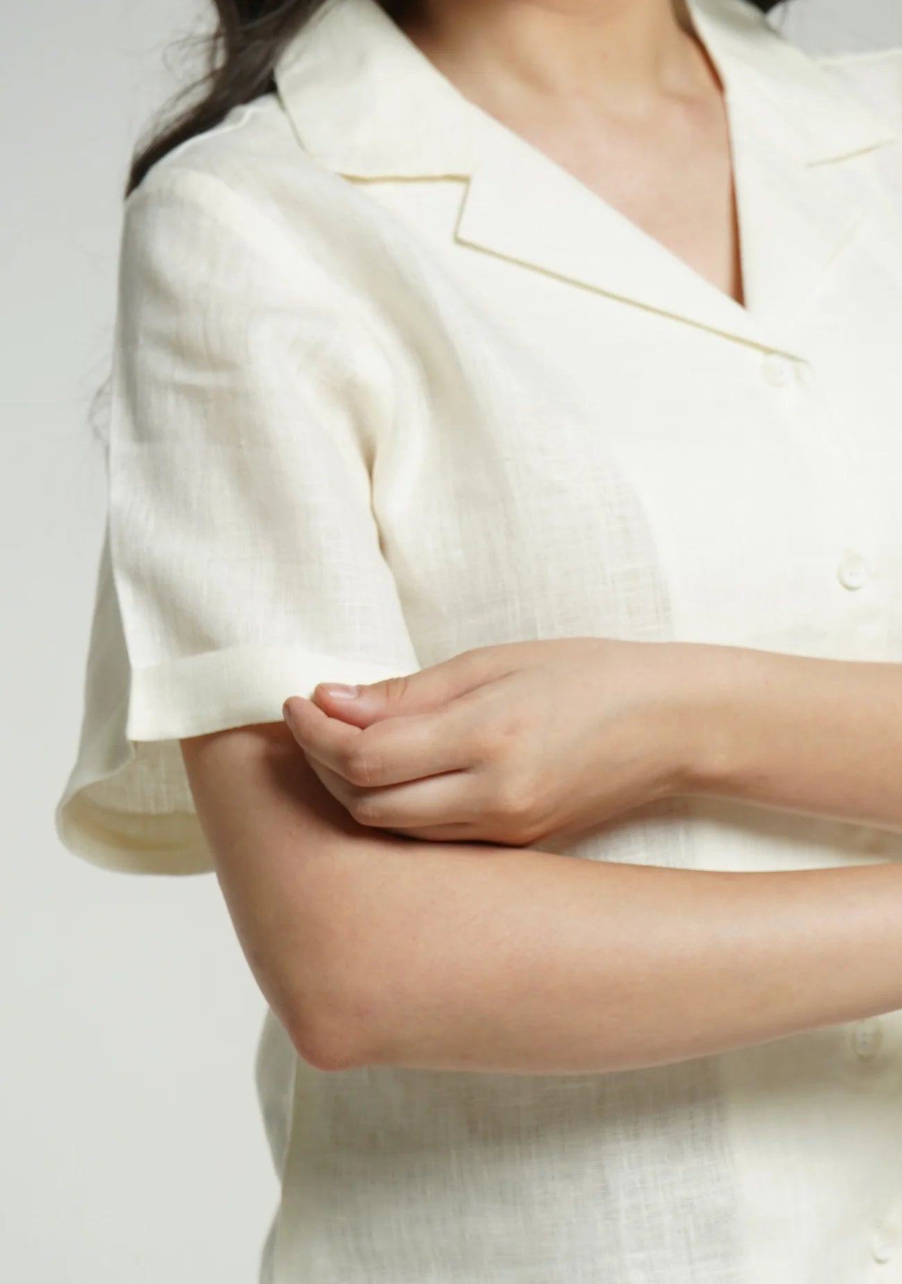 Women Cream Pure Linen Notch Collar Shirt