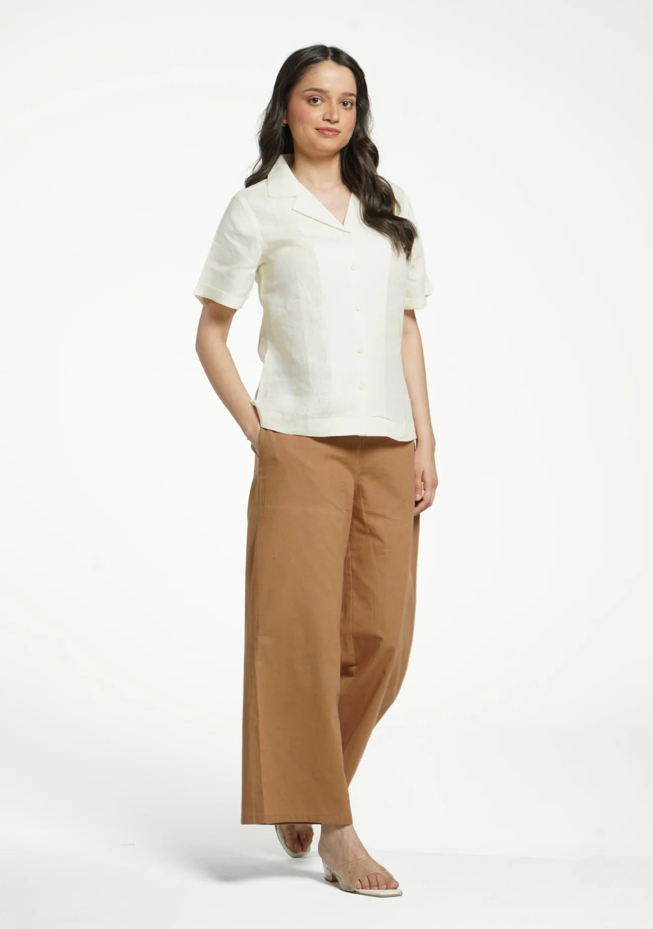 Women Cream Pure Linen Notch Collar Shirt
