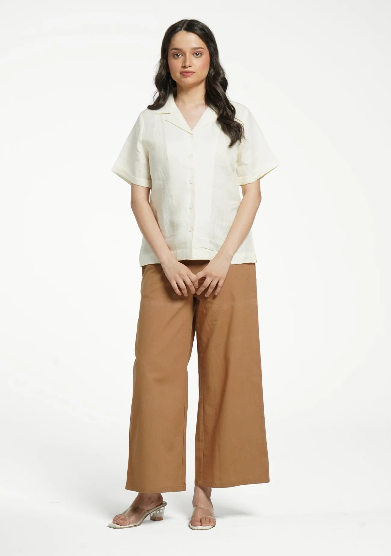 Women Cream Pure Linen Notch Collar Shirt