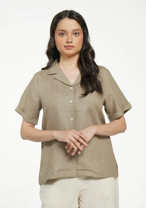 Women Khakhi Pure Linen Notch Collar Shirt