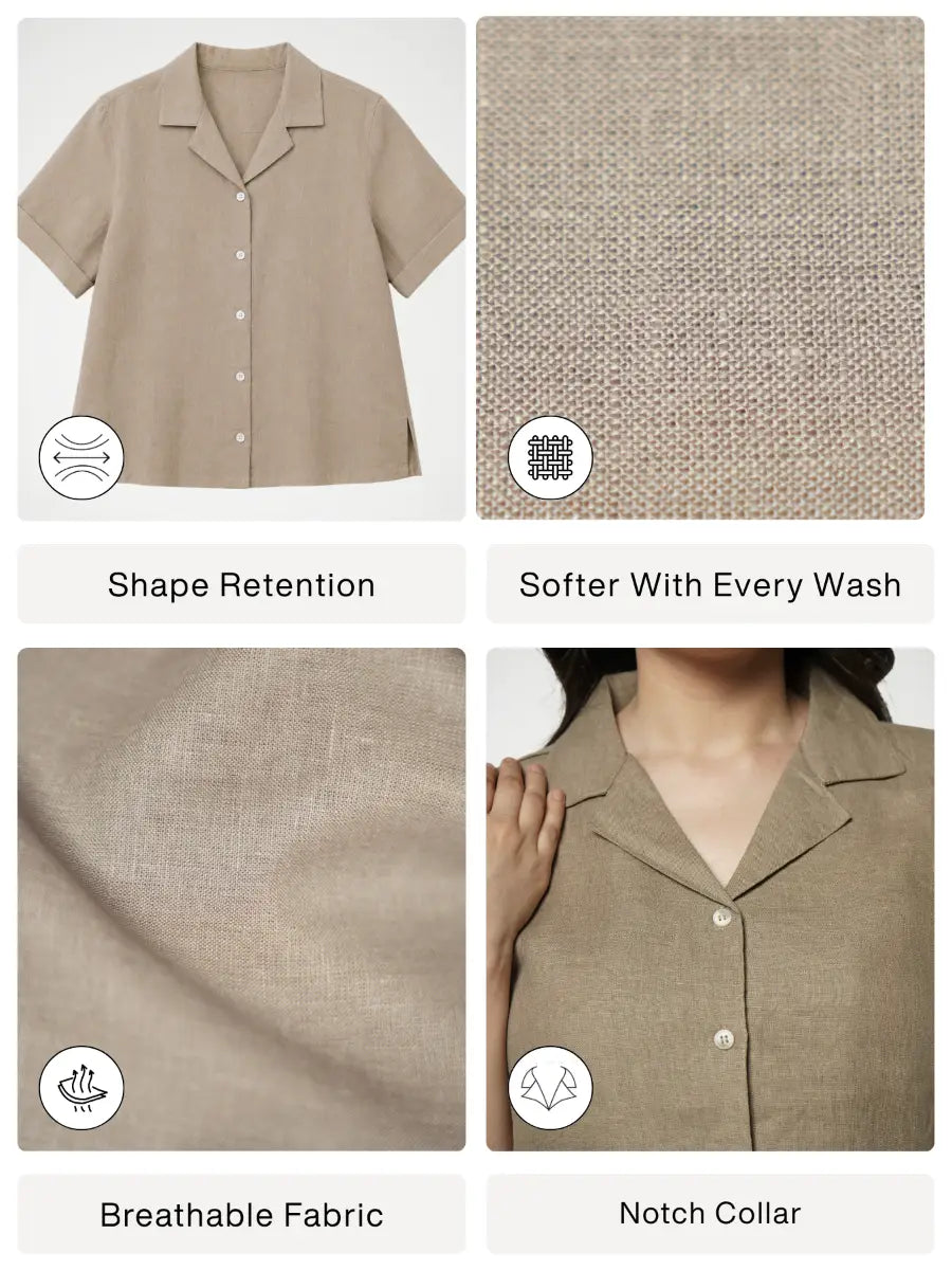 Women Khakhi Pure Linen Notch Collar Shirt