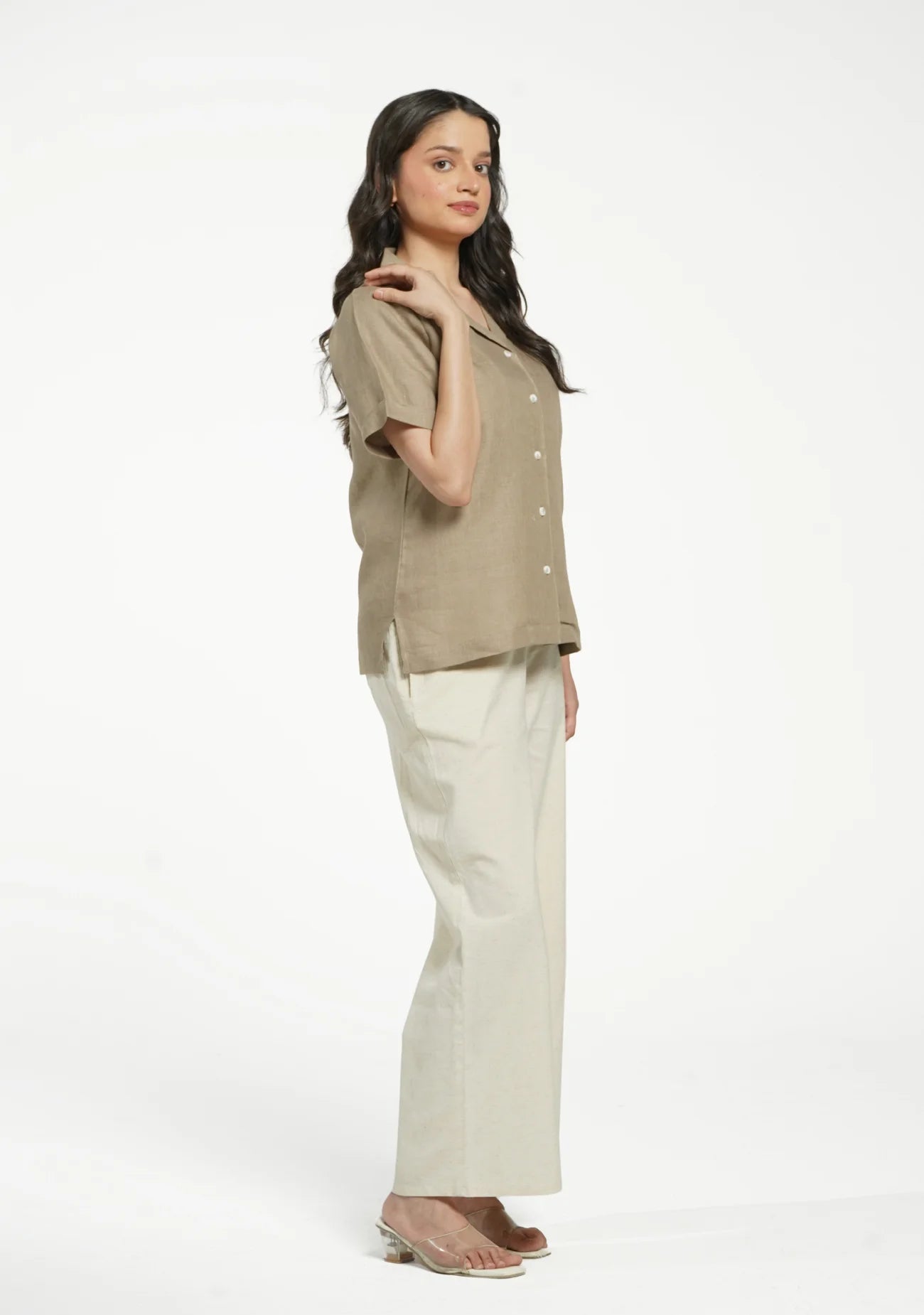 Women Khakhi Pure Linen Notch Collar Shirt