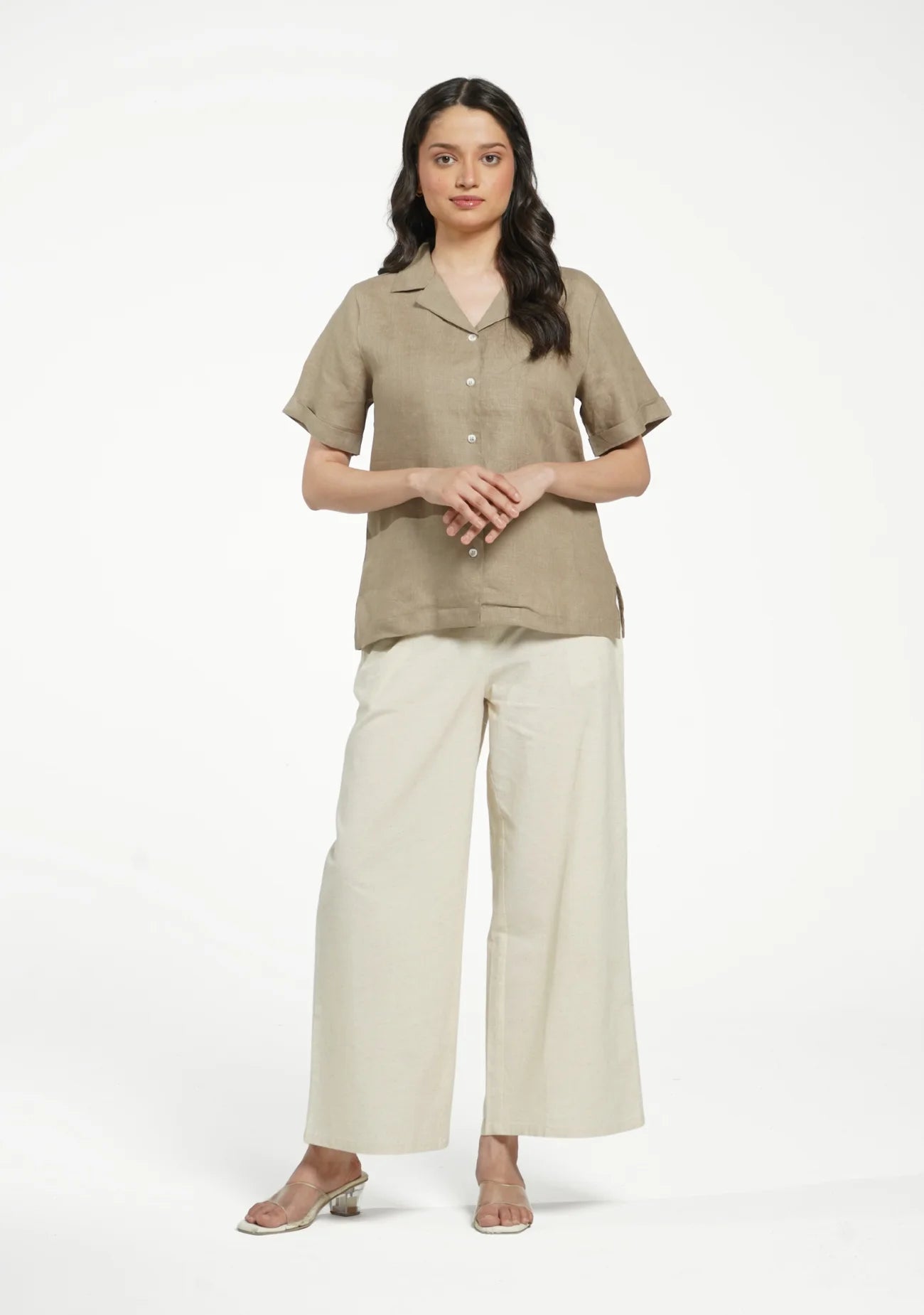 Women Khakhi Pure Linen Notch Collar Shirt