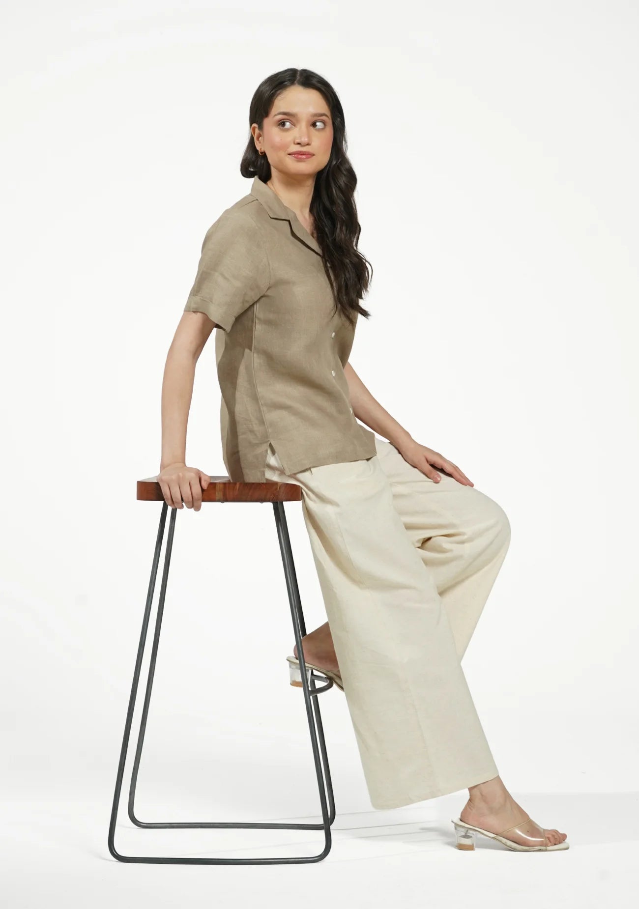 Women Khakhi Pure Linen Notch Collar Shirt