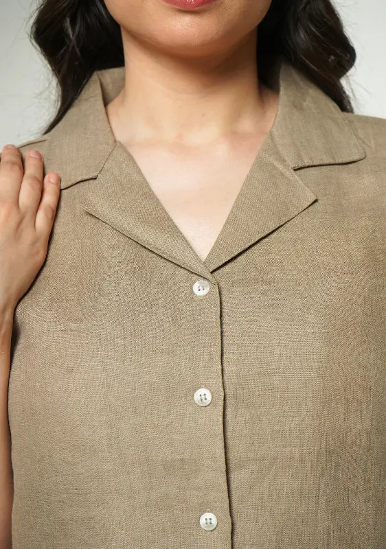 Women Khakhi Pure Linen Notch Collar Shirt