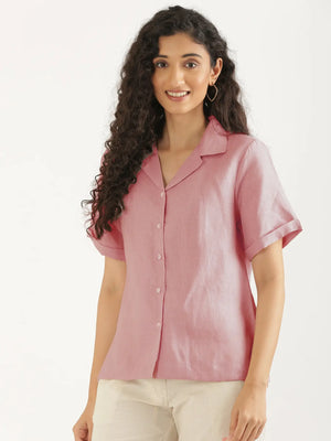 Women Rose Taupe Pure Linen Notch Collar Shirt