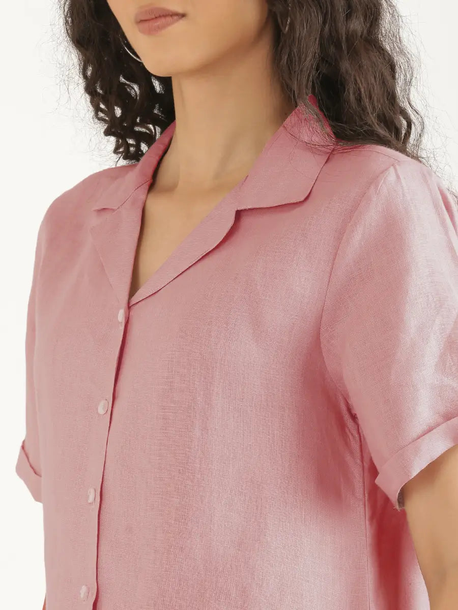 Women Rose Taupe Pure Linen Notch Collar Shirt