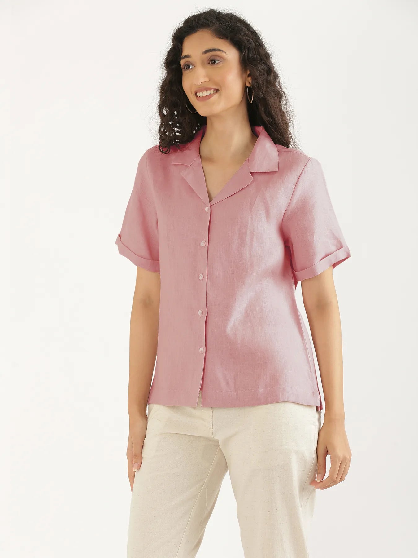 Women Rose Taupe Pure Linen Notch Collar Shirt