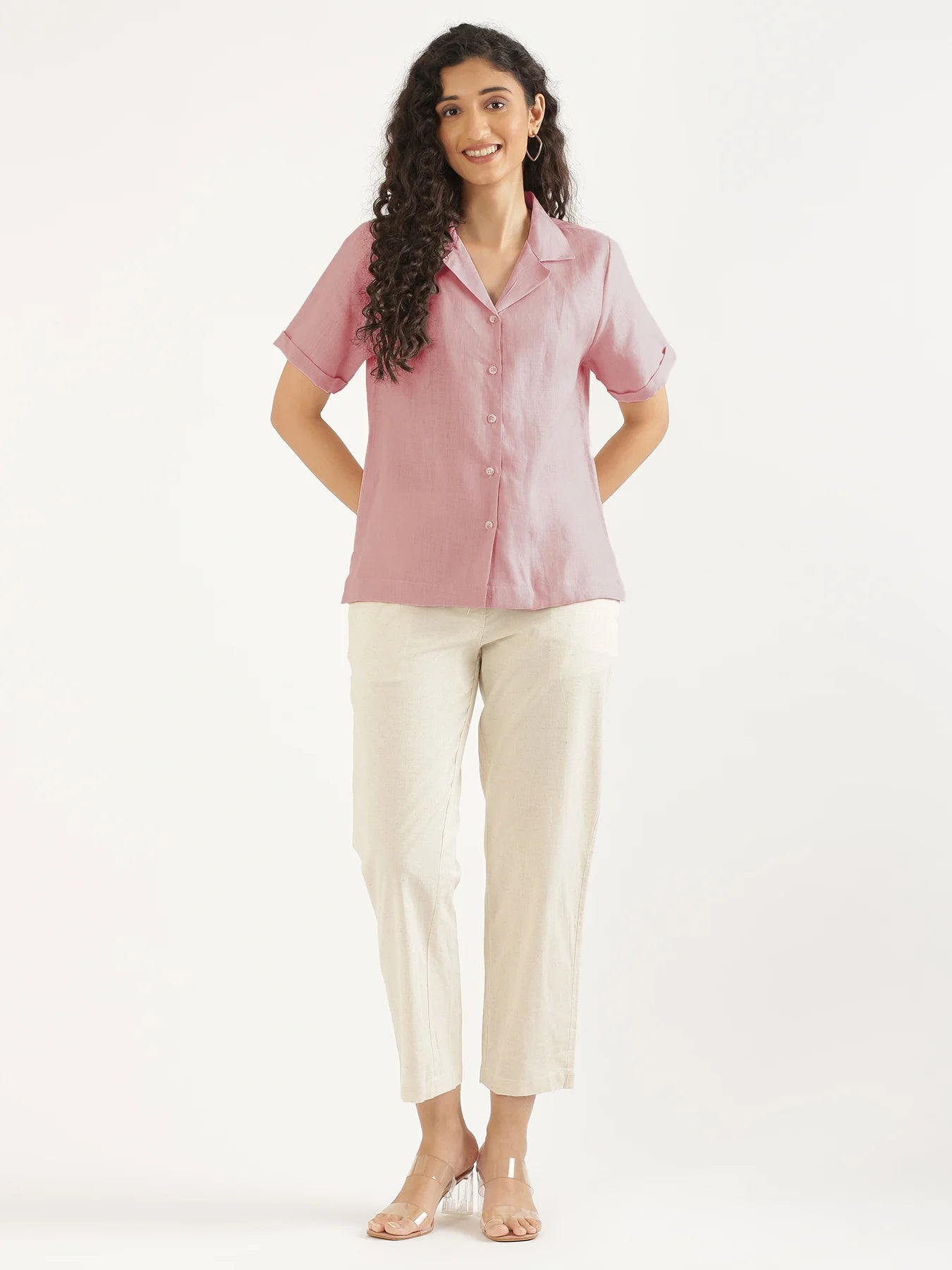 Women Rose Taupe Pure Linen Notch Collar Shirt