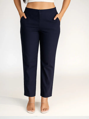 Women Navy Blue Straight Fit Formal Pants