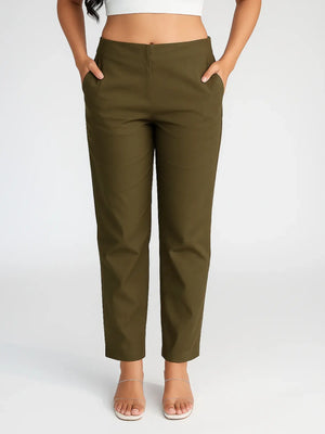 Women Olive Green Straight Fit Formal Pants