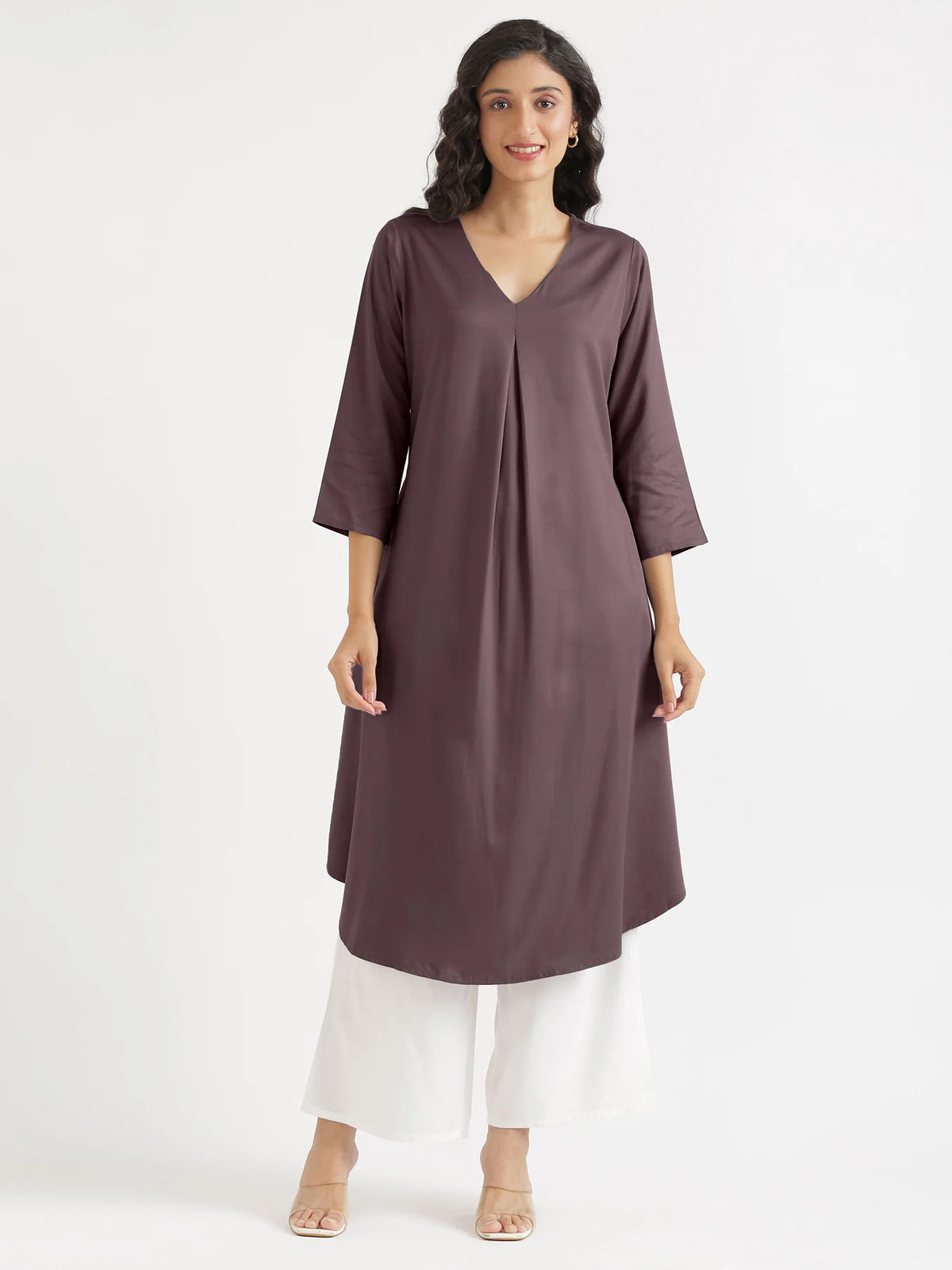 Women Brinjal Flowy Pleated Kurta