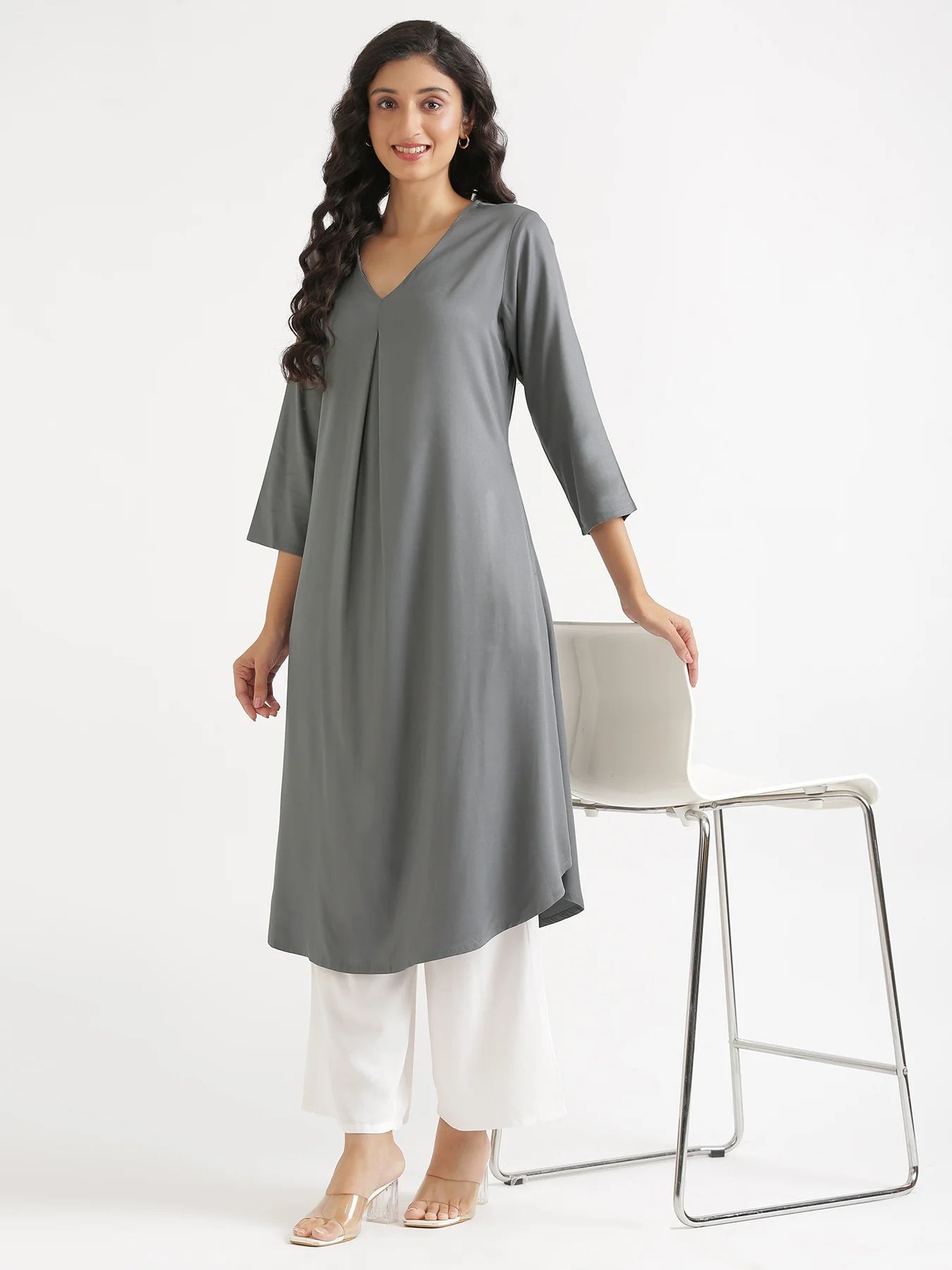Women Grey Flowy Pleated Kurta