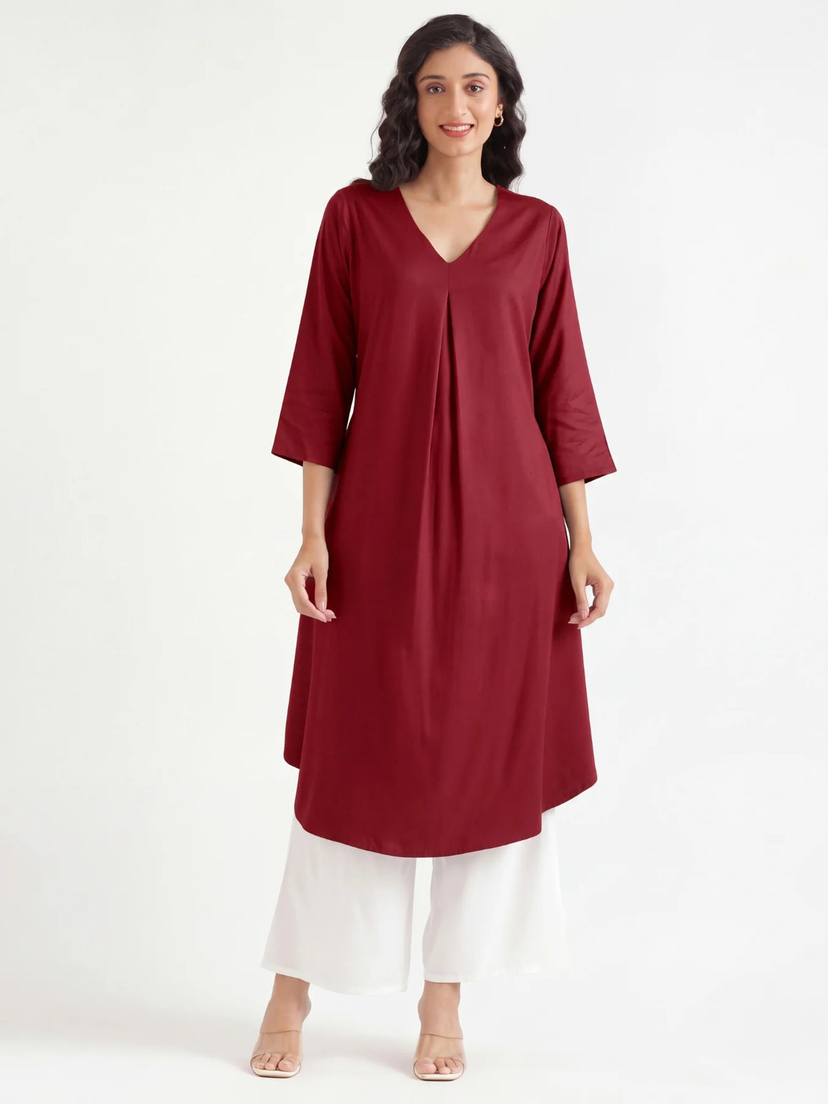 Women Maroon Flowy Pleated Kurta