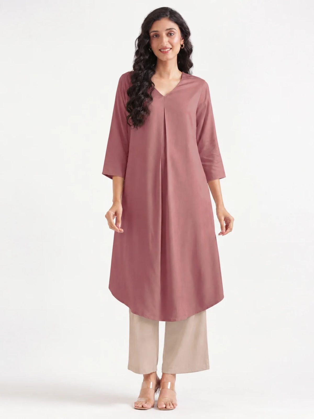 Women Rose Taupe Flowy Pleated Kurta
