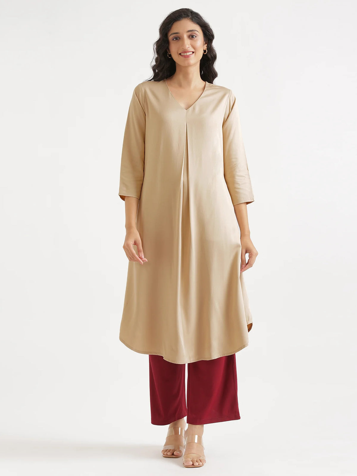 Women Taupe Flowy Pleated Kurta