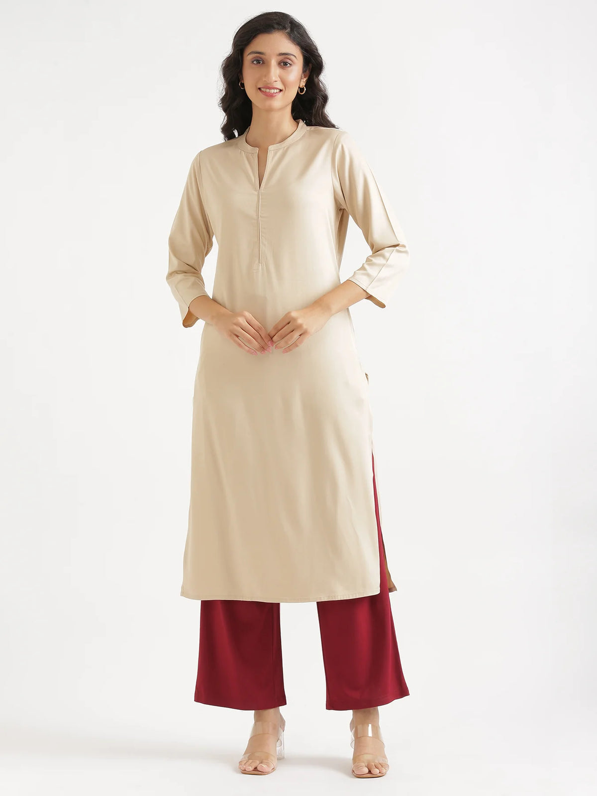 Women Beige Flowy Straight Long Kurta