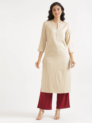 Women Beige Flowy Straight Long Kurta
