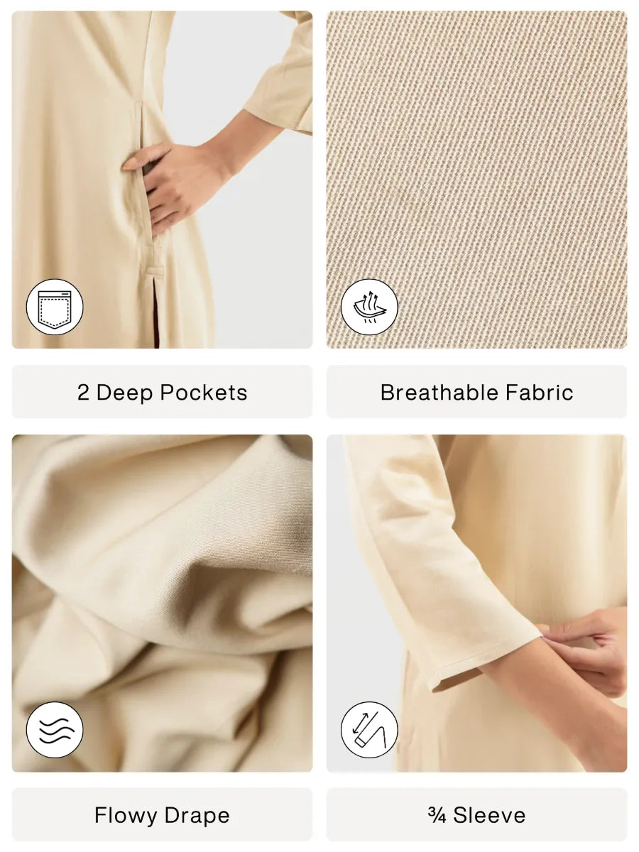 Women Beige Flowy Straight Long Kurta