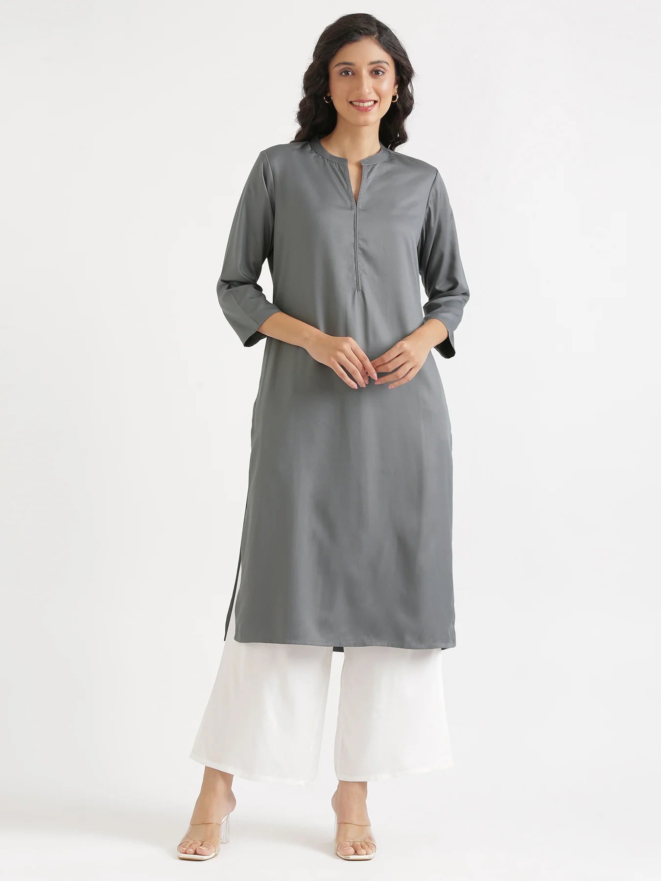 Women Grey Flowy Straight Long Kurta