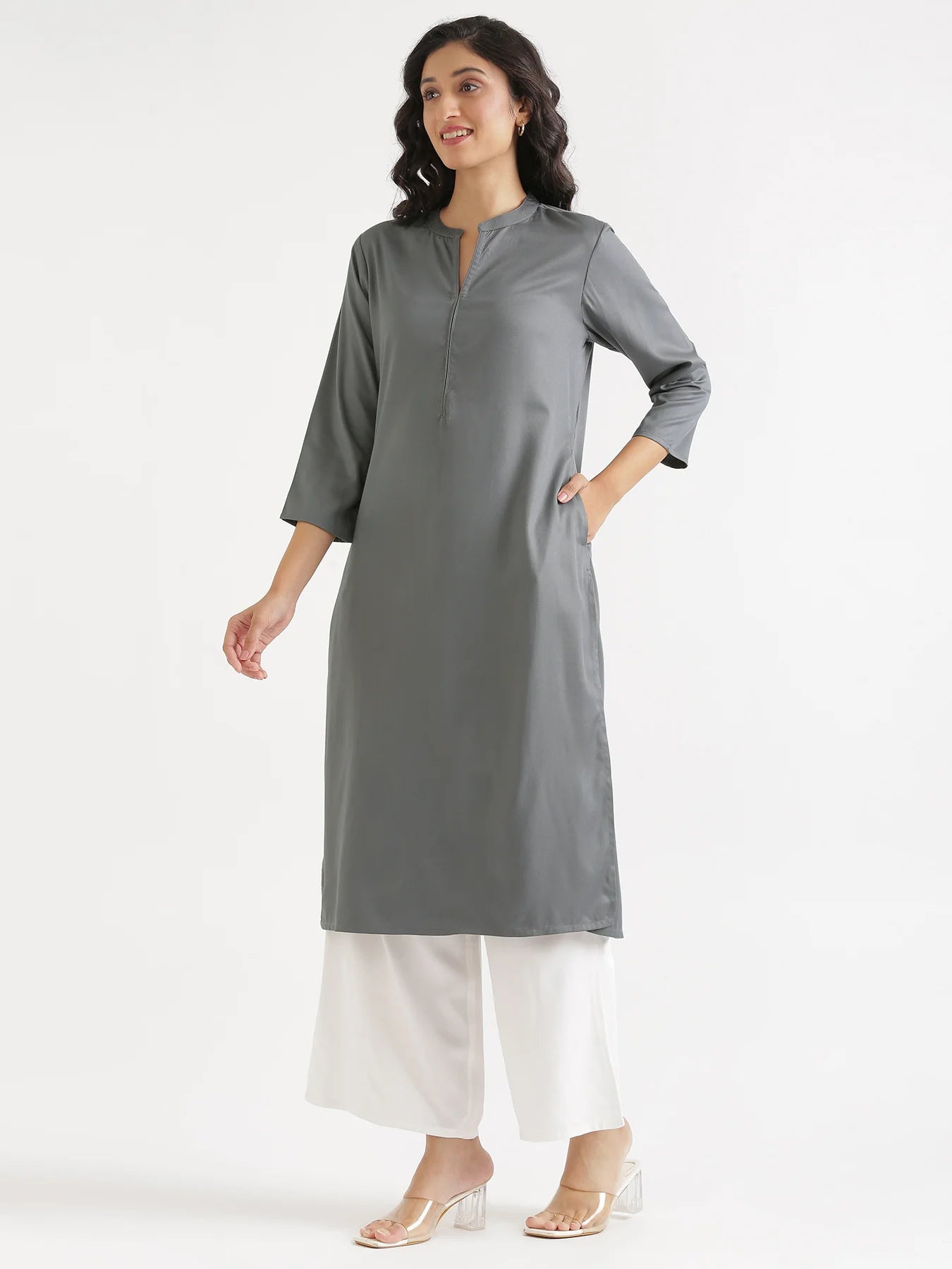 Women Grey Flowy Straight Long Kurta