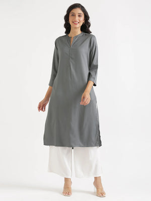 Women Grey Flowy Straight Long Kurta
