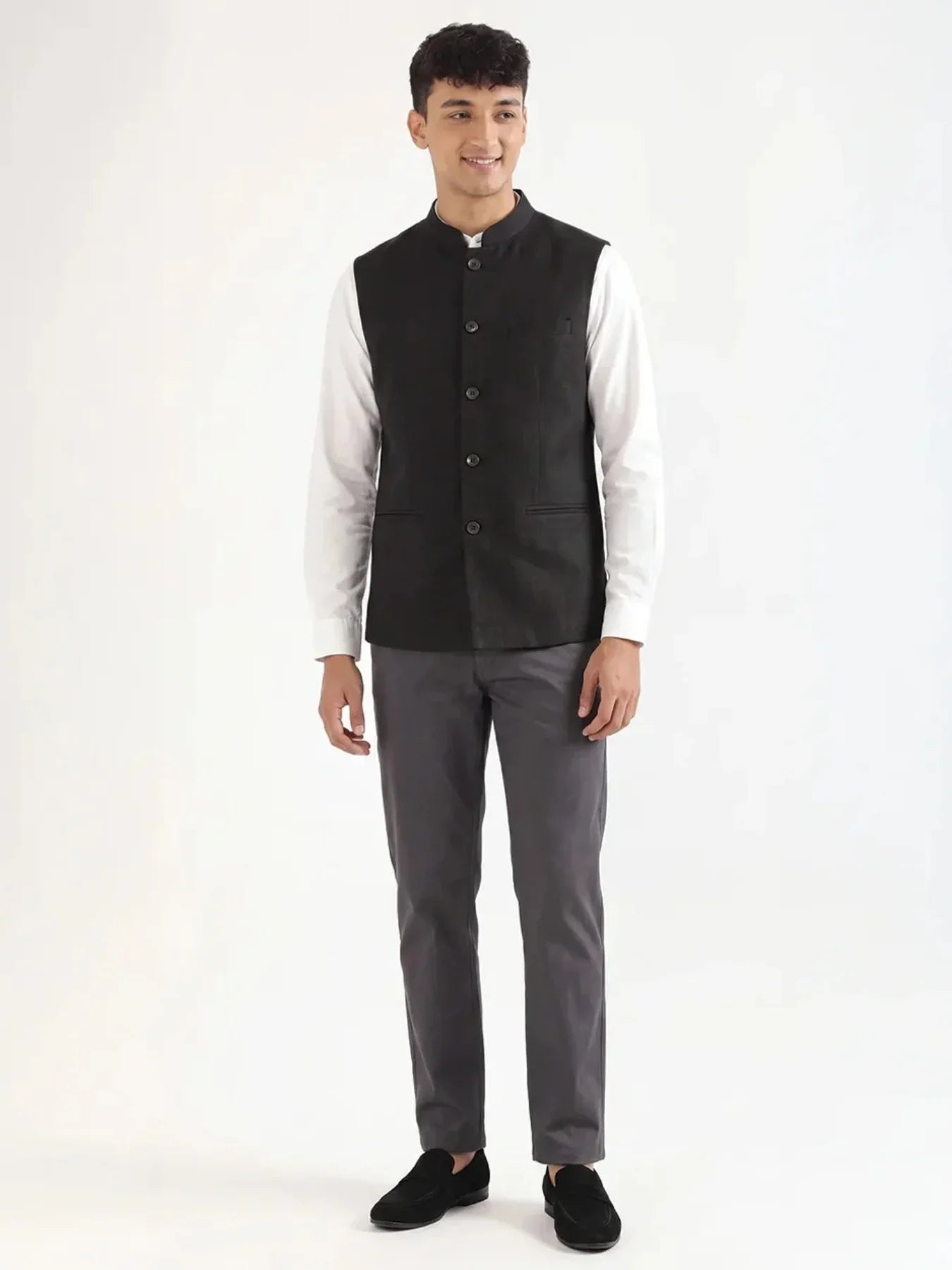 Men Black Airy Linen Nehru Jacket